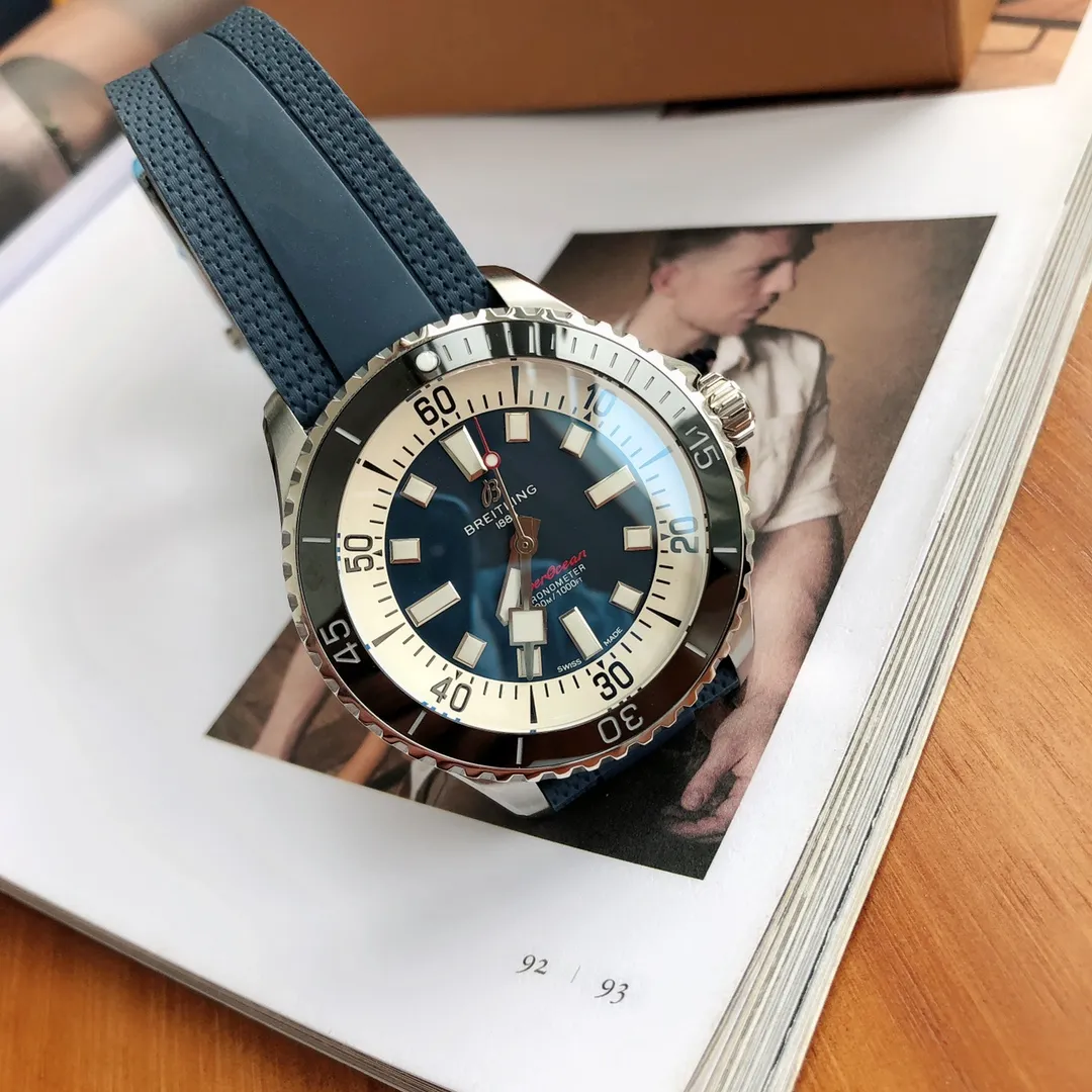 BLS Factory Breitling Superocean Automatic 42mm Blue Dial Men’s Diver Watch with Blue Rubber Strap OnTrend 2650