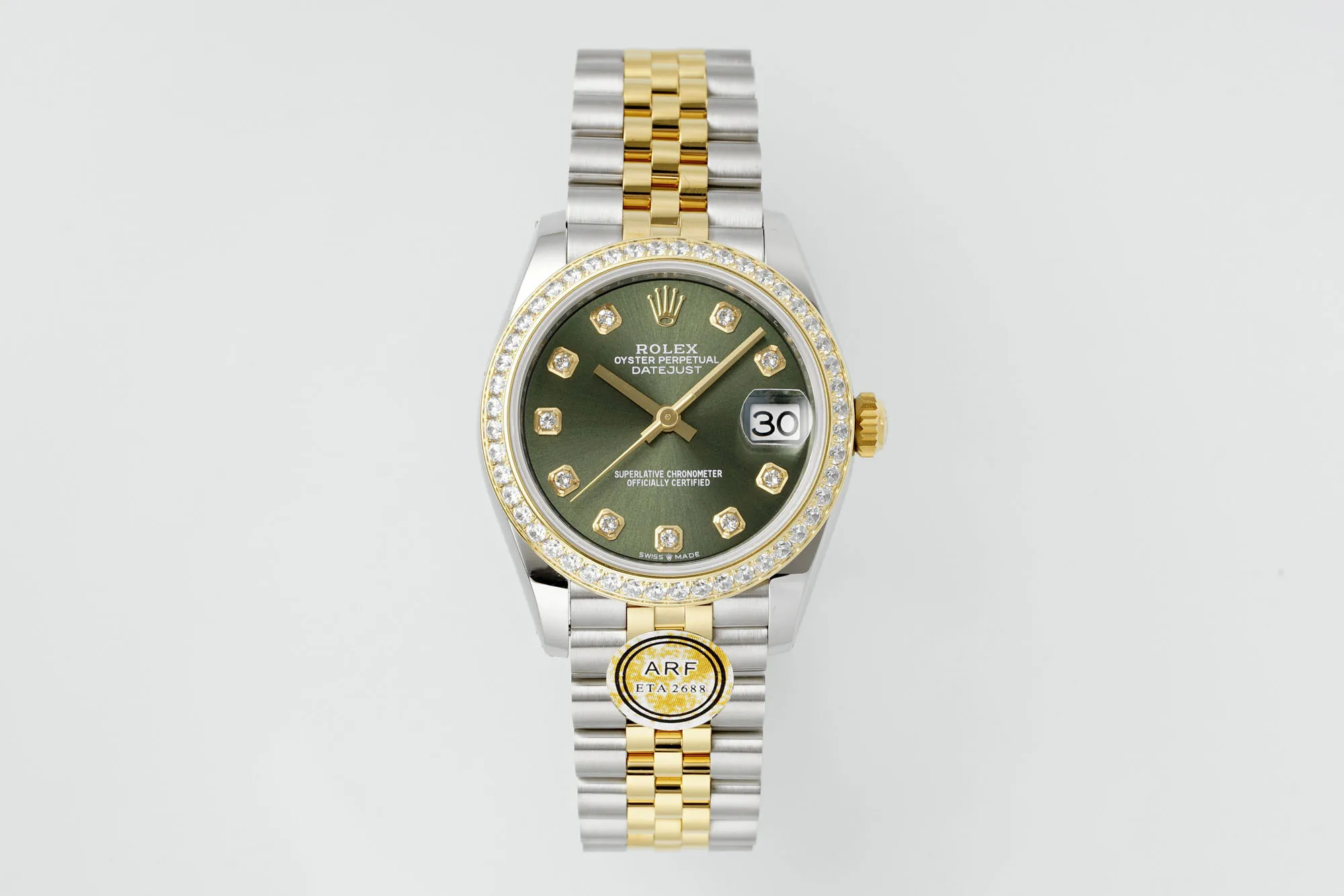 Lightweight AR Factory Rolex Datejust 31mm Olive Green Dial Diamond Bezel Two-Tone Gold & Steel Jubilee Bracelet Ladies Watch 4996