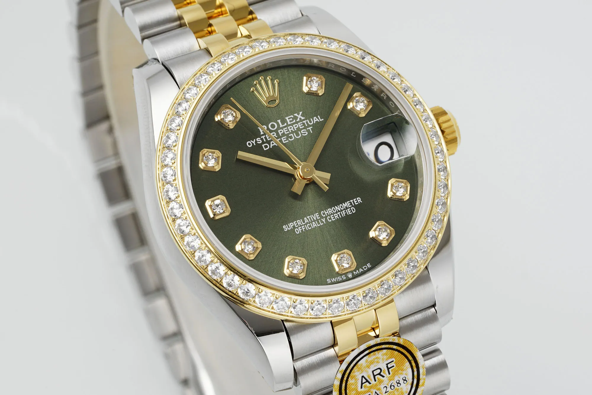 Lightweight AR Factory Rolex Datejust 31mm Olive Green Dial Diamond Bezel Two-Tone Gold & Steel Jubilee Bracelet Ladies Watch 4996