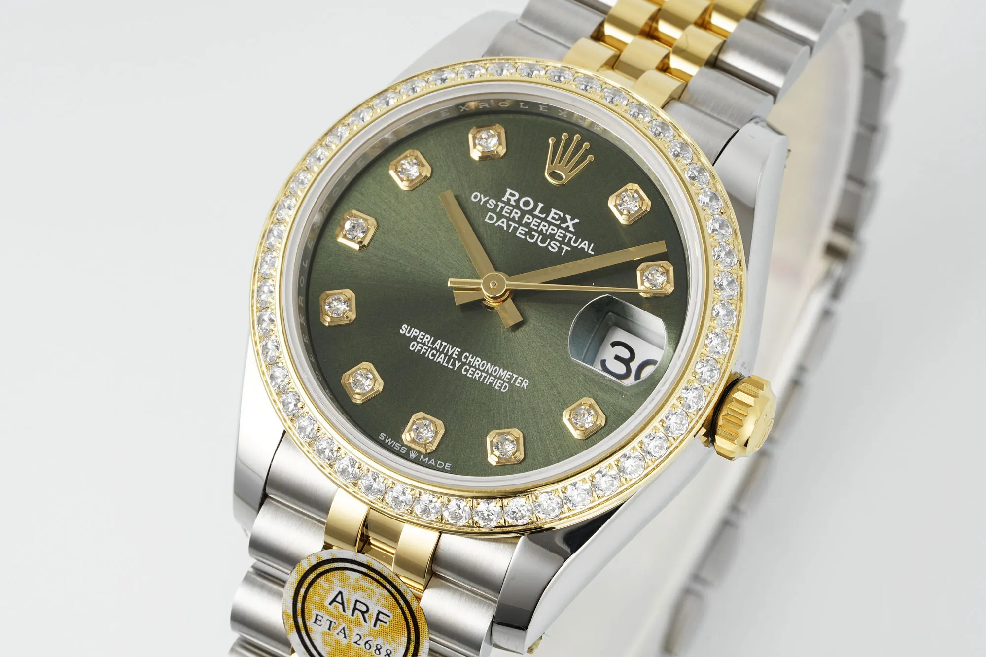Lightweight AR Factory Rolex Datejust 31mm Olive Green Dial Diamond Bezel Two-Tone Gold & Steel Jubilee Bracelet Ladies Watch 4996