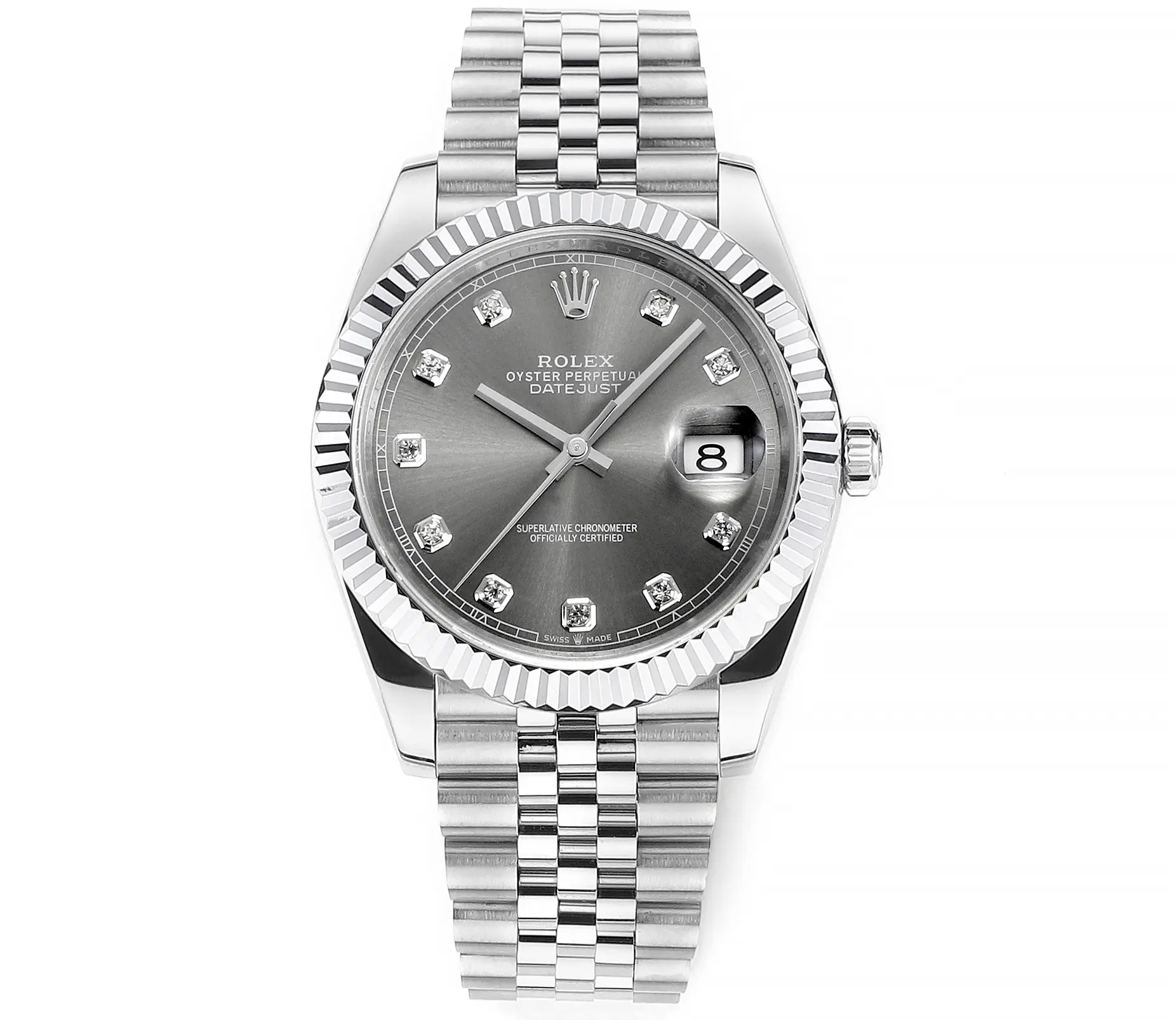 VS Factory Rolex Datejust 41mm Watch – Silver Dial, Diamond Markers, Stainless Steel Jubilee Bracelet, Super Clone VSF Rolex Unisex 114
