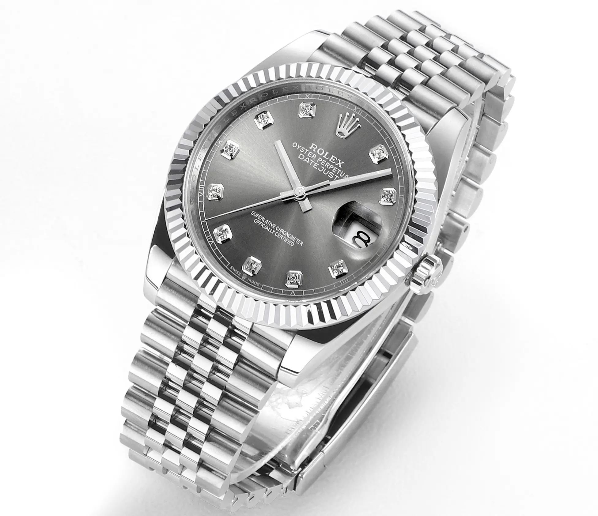 VS Factory Rolex Datejust 41mm Watch – Silver Dial, Diamond Markers, Stainless Steel Jubilee Bracelet, Super Clone VSF Rolex Lightweight 4337