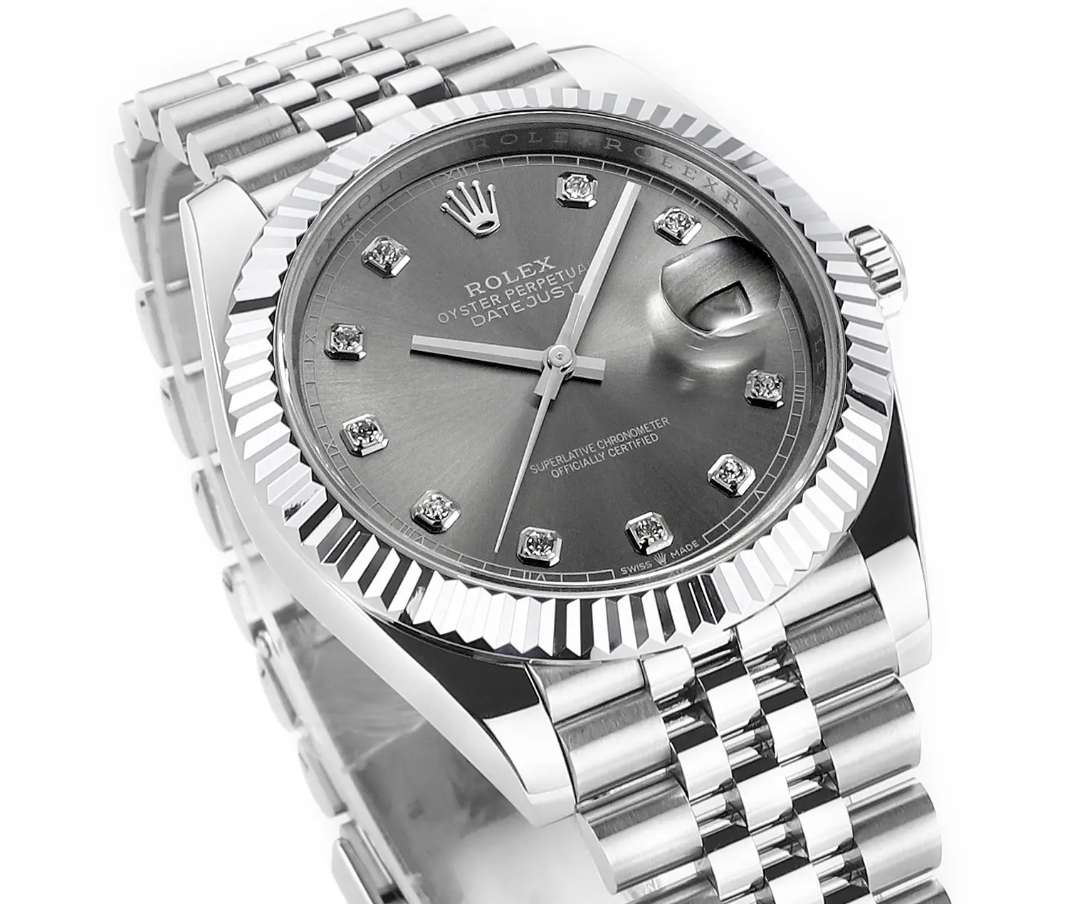 VS Factory Rolex Datejust 41mm Watch – Silver Dial, Diamond Markers, Stainless Steel Jubilee Bracelet, Super Clone VSF Rolex Lightweight 4337
