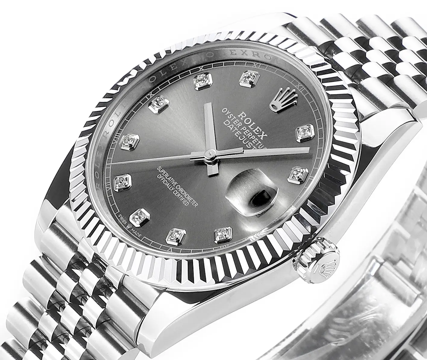 VS Factory Rolex Datejust 41mm Watch – Silver Dial, Diamond Markers, Stainless Steel Jubilee Bracelet, Super Clone VSF Rolex Lightweight 4337