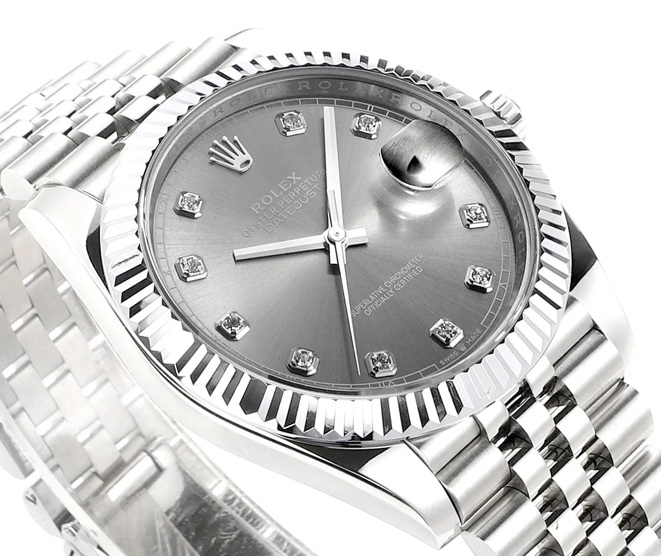 VS Factory Rolex Datejust 41mm Watch – Silver Dial, Diamond Markers, Stainless Steel Jubilee Bracelet, Super Clone VSF Rolex Lightweight 4337