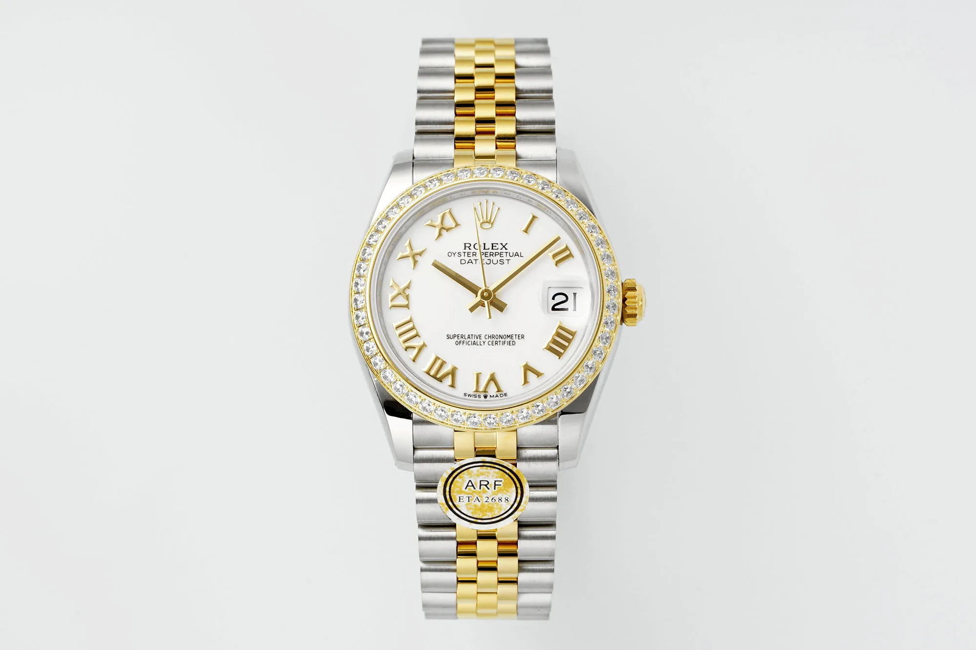 Sporty AR Factory Rolex Datejust 31mm White Roman Dial Diamond Bezel Two-Tone Yellow Gold & Steel Jubilee Bracelet Ladies Watch 4998