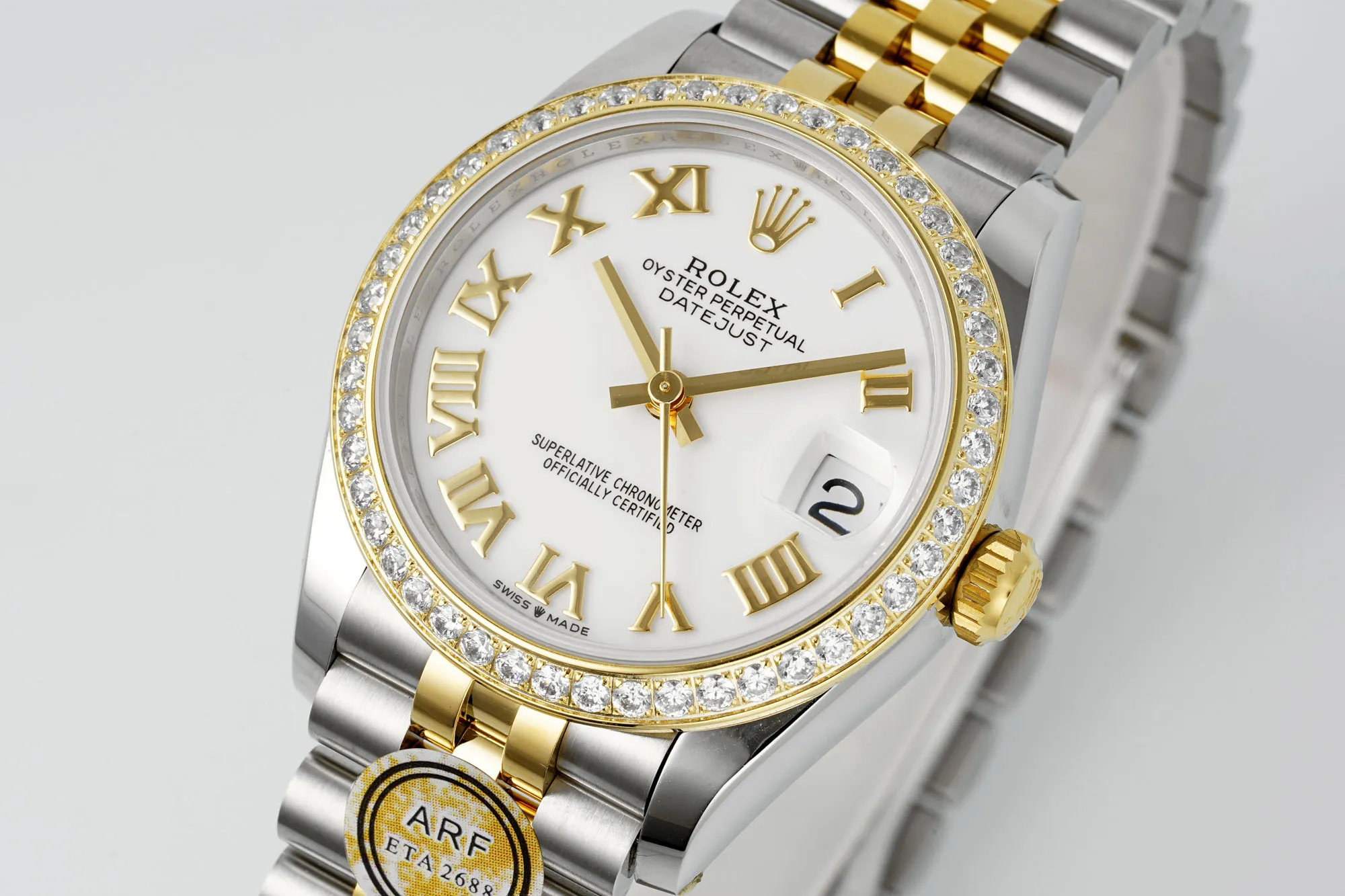 Sporty AR Factory Rolex Datejust 31mm White Roman Dial Diamond Bezel Two-Tone Yellow Gold & Steel Jubilee Bracelet Ladies Watch 4998