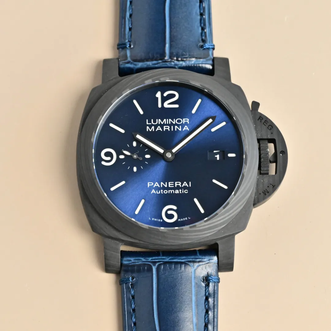 SmartChoice Panerai Luminor Marina Automatic Blue Dial Black Carbon Case Blue Alligator Leather Strap Men’s Luxury Watch 813