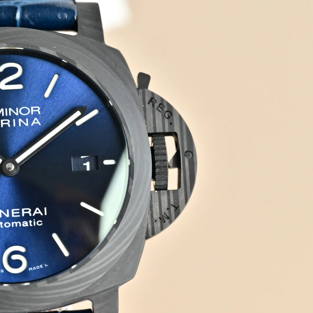 VS Factory Panerai Luminor Marina Automatic Blue Dial Black Carbon Case Blue Alligator Leather Strap Men’s Luxury Watch FlexibleFit 4406