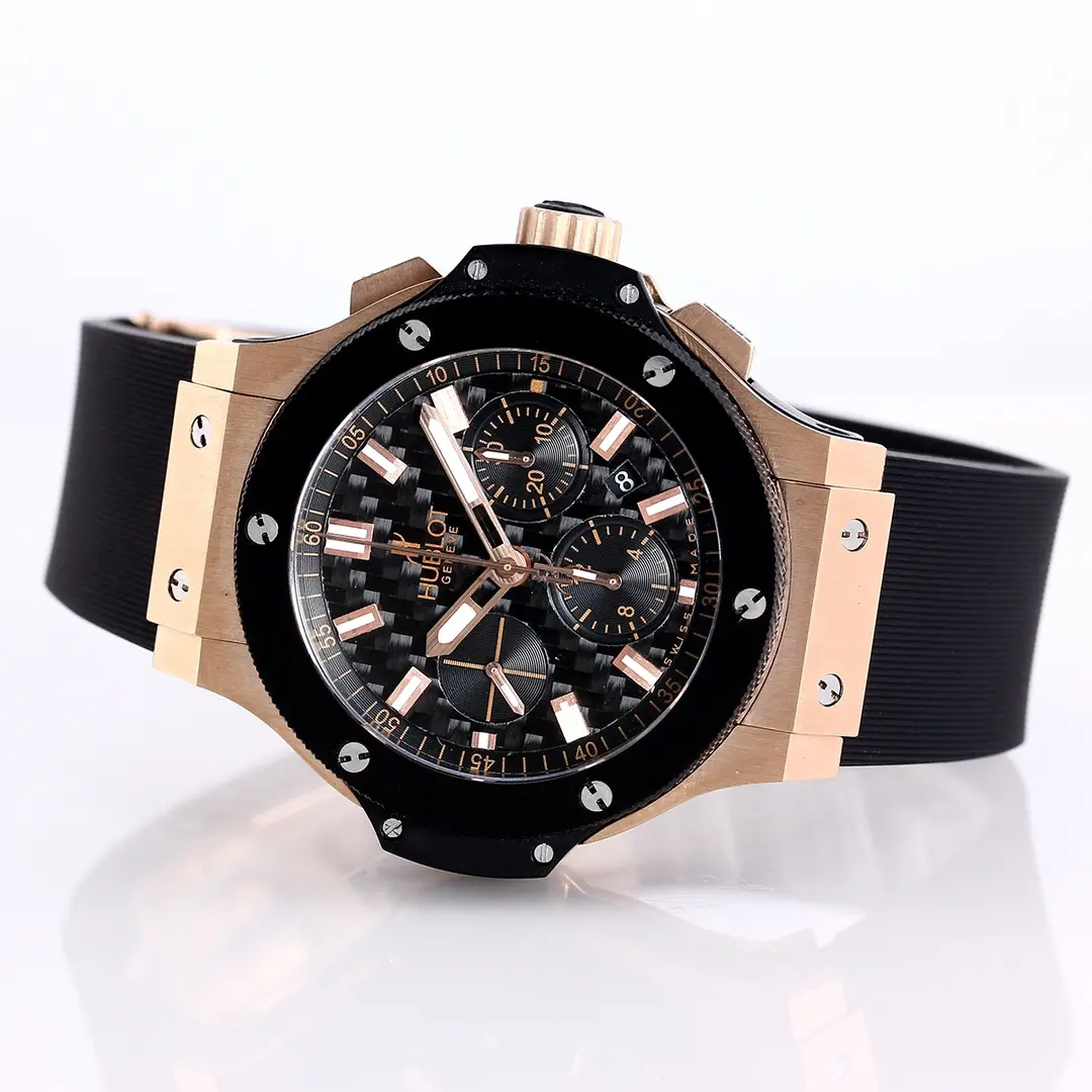 WWF Factory Hublot Big Bang 44mm Rose Gold Black Dial Chronograph Watch with Rubber Strap – Super Clone Edition MultiPurpose 8199