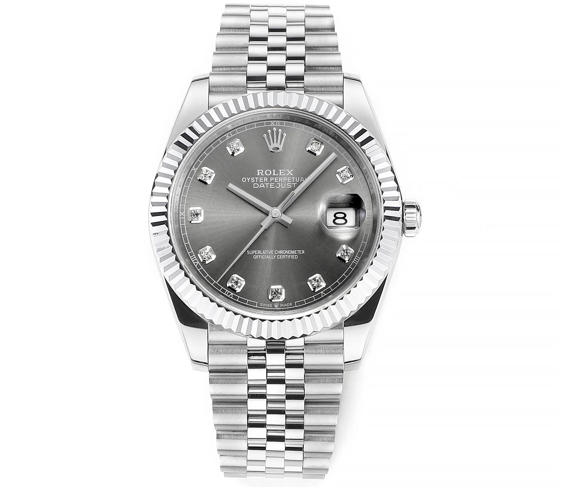 AR Factory Rolex Oyster Perpetual Datejust 41mm Stainless Steel Grey Dial Diamond Markers Fluted Bezel Jubilee Bracelet Watch WellDesigned 212