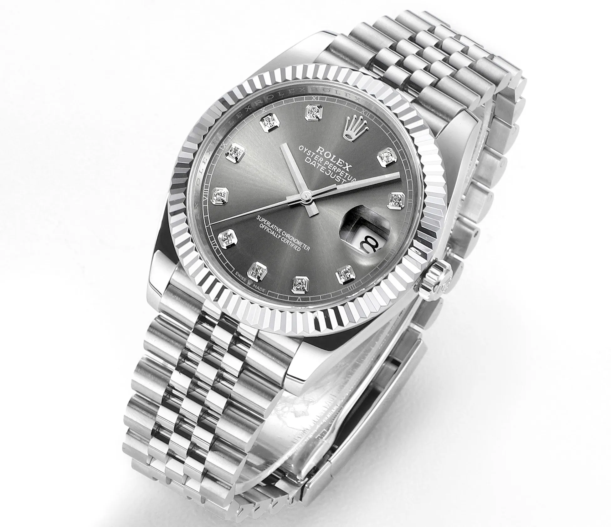AR Factory Rolex Oyster Perpetual Datejust 41mm Stainless Steel Grey Dial Diamond Markers Fluted Bezel Jubilee Bracelet Watch Durable 4936