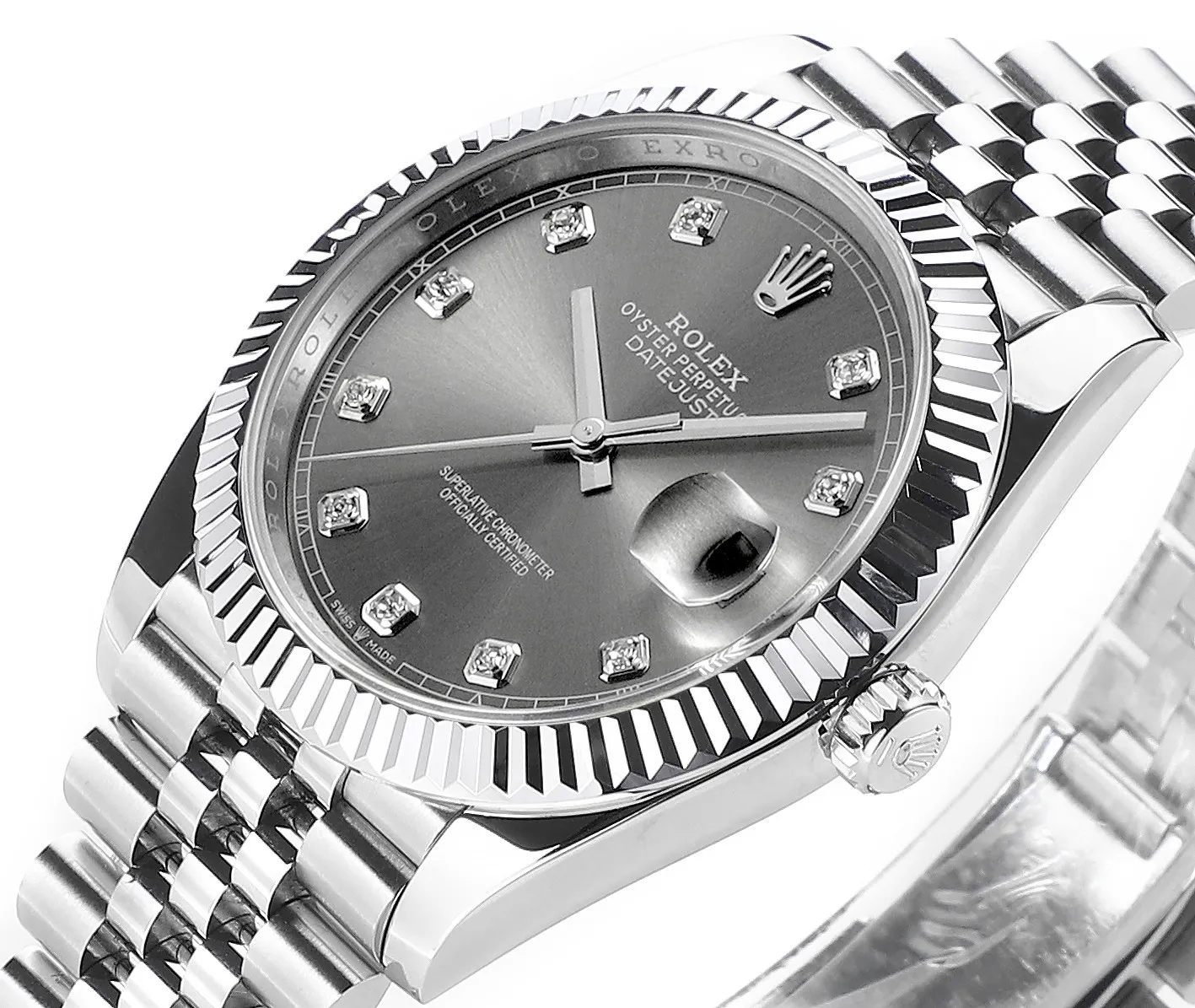 AR Factory Rolex Oyster Perpetual Datejust 41mm Stainless Steel Grey Dial Diamond Markers Fluted Bezel Jubilee Bracelet Watch Durable 4936