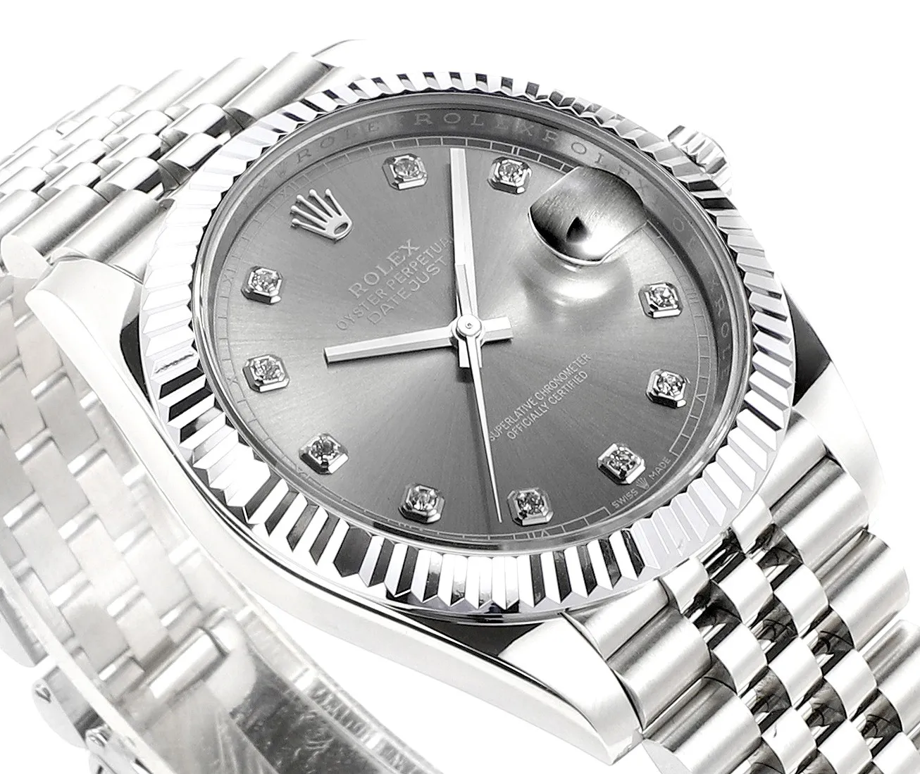 AR Factory Rolex Oyster Perpetual Datejust 41mm Stainless Steel Grey Dial Diamond Markers Fluted Bezel Jubilee Bracelet Watch Durable 4936