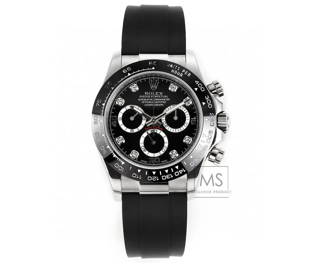 GoAnywhere Rolex Daytona Black Diamond-Set Dial Chronograph Watch with Black Rubber Strap and Stainless Steel Case 19