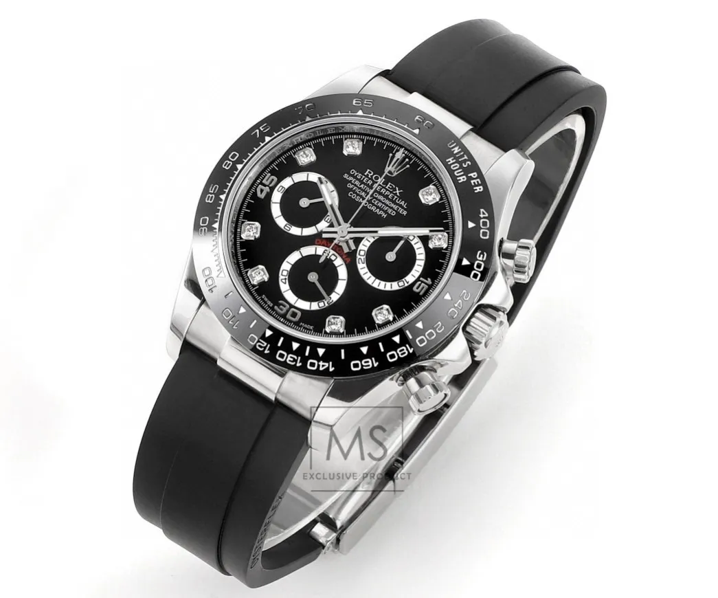 BT Factory Rolex Daytona Black Diamond-Set Dial Chronograph Watch with Black Rubber Strap and Stainless Steel Case Modern 4817