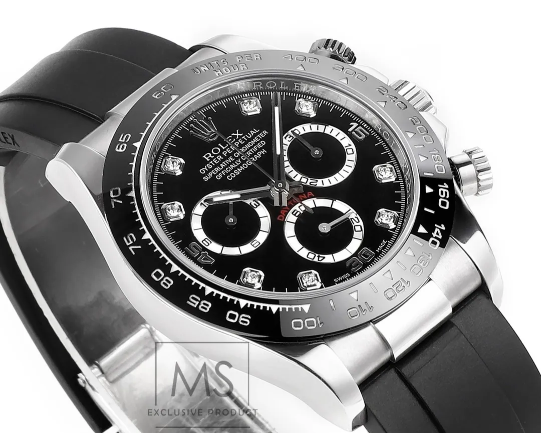 BT Factory Rolex Daytona Black Diamond-Set Dial Chronograph Watch with Black Rubber Strap and Stainless Steel Case Modern 4817