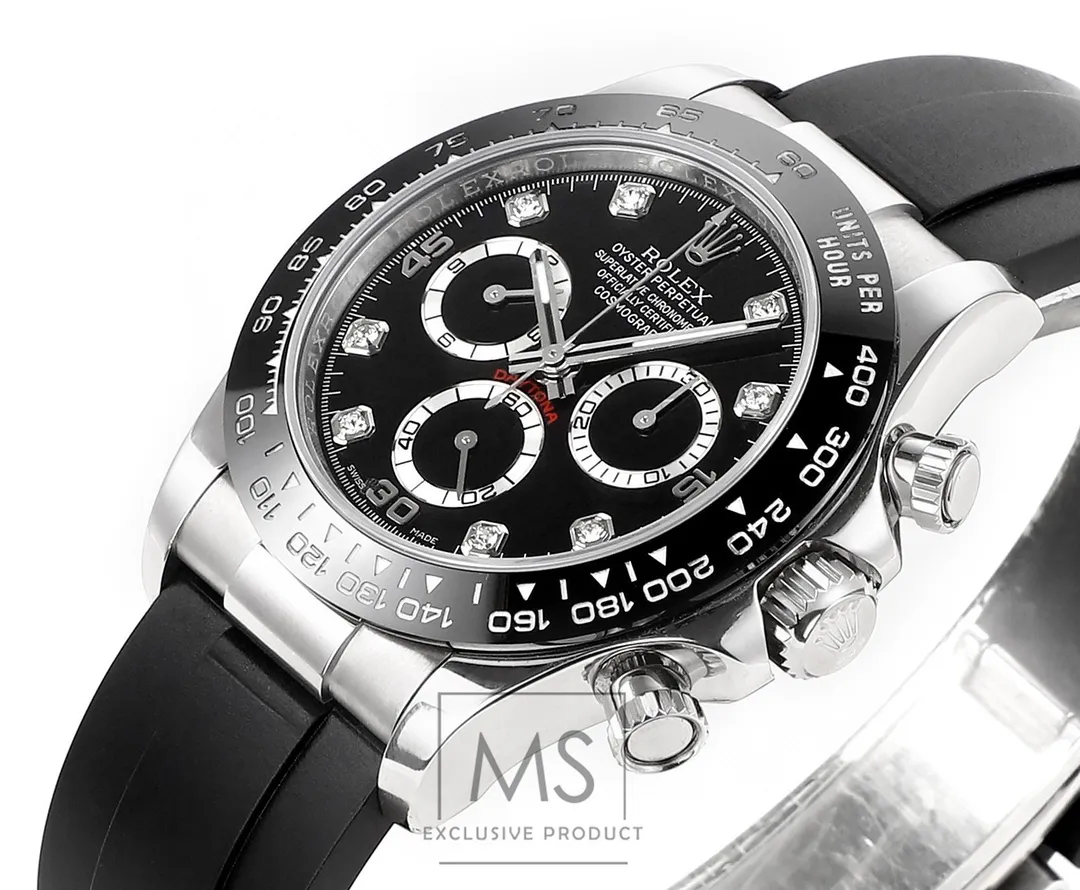 BT Factory Rolex Daytona Black Diamond-Set Dial Chronograph Watch with Black Rubber Strap and Stainless Steel Case Modern 4817