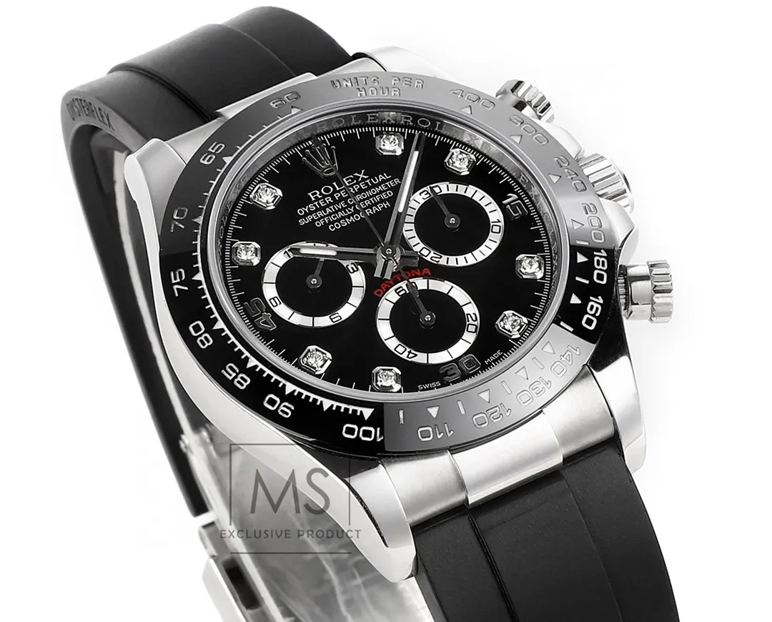 BT Factory Rolex Daytona Black Diamond-Set Dial Chronograph Watch with Black Rubber Strap and Stainless Steel Case Modern 4817