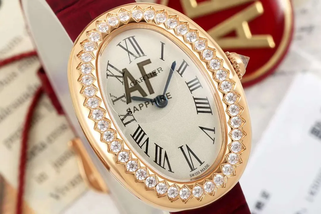 AF Factory Cartier Baignoire Allong??e Diamond-Set Rose Gold Oval Watch with Burgundy Leather Strap and Roman Numeral Dial Attractive 5430