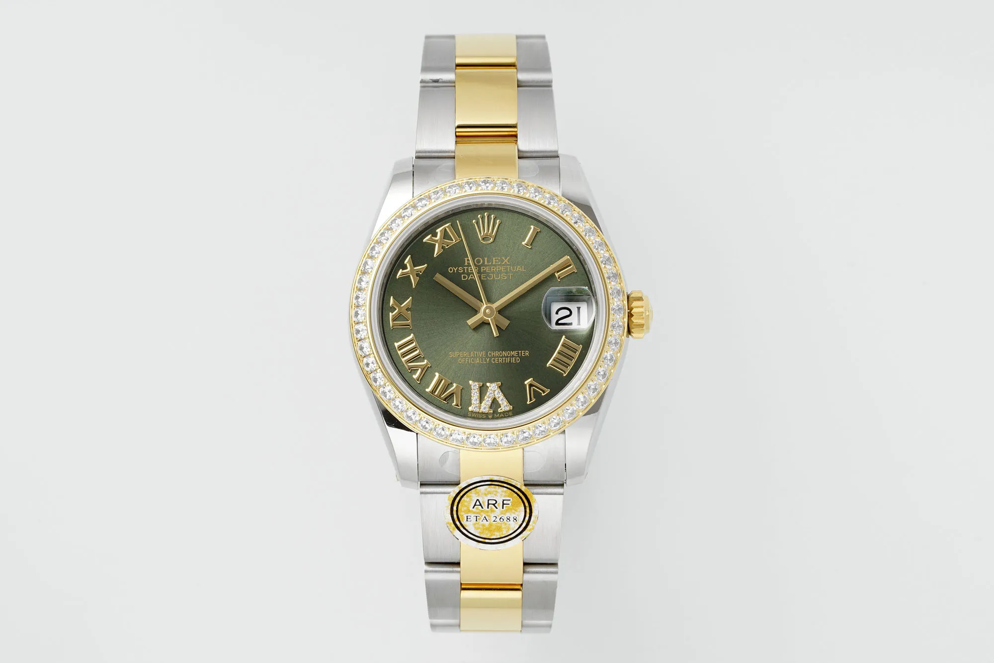 Minimalist AR Factory Rolex Datejust 31mm Olive Green Roman Dial Diamond Bezel Two-Tone Steel and Yellow Gold Oyster Bracelet Ladies Watch 4995