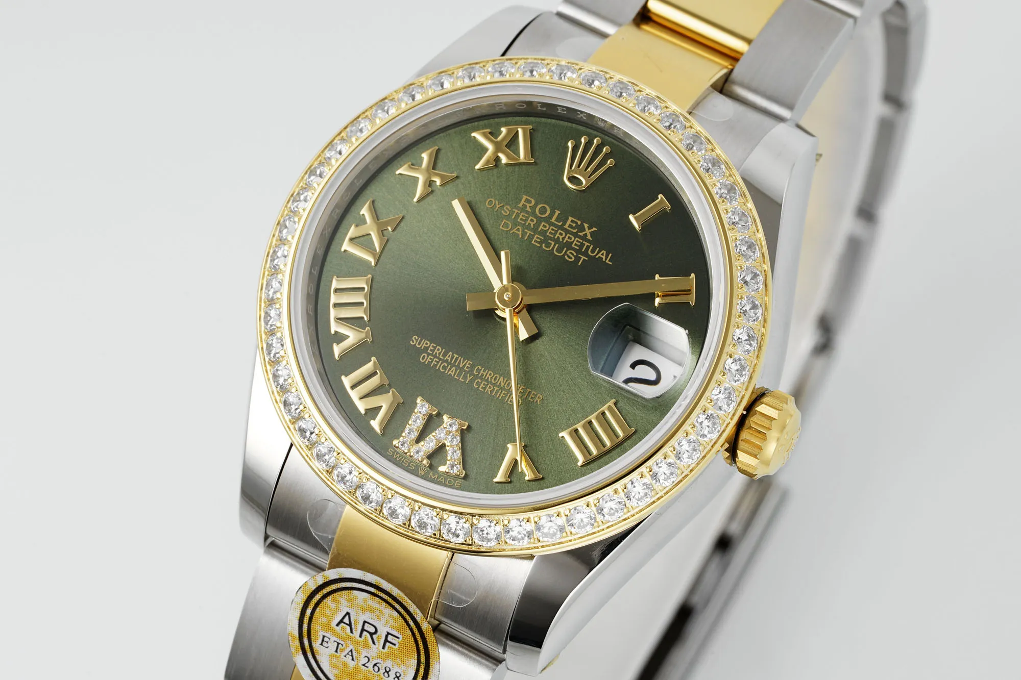 AR Factory Rolex Datejust 31mm Olive Green Roman Dial Diamond Bezel Two-Tone Steel and Yellow Gold Oyster Bracelet Ladies Watch Packable 271