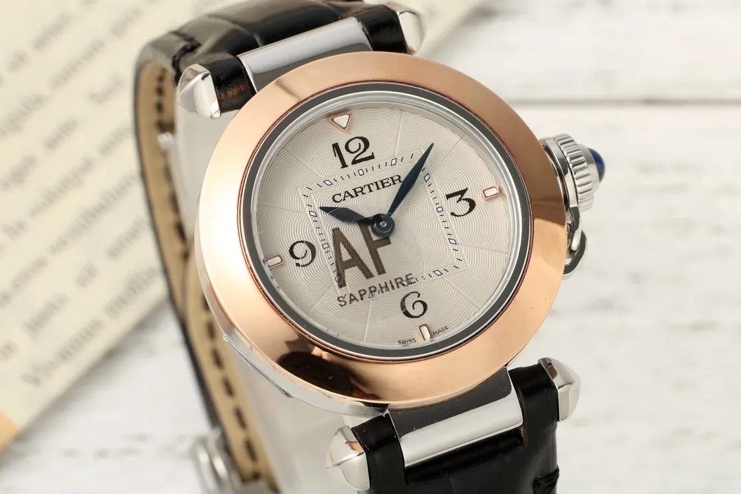 Unique Cartier Pasha AF Edition White Dial Rose Gold and Steel Case Black Leather Strap Automatic Women’s Watch 2809