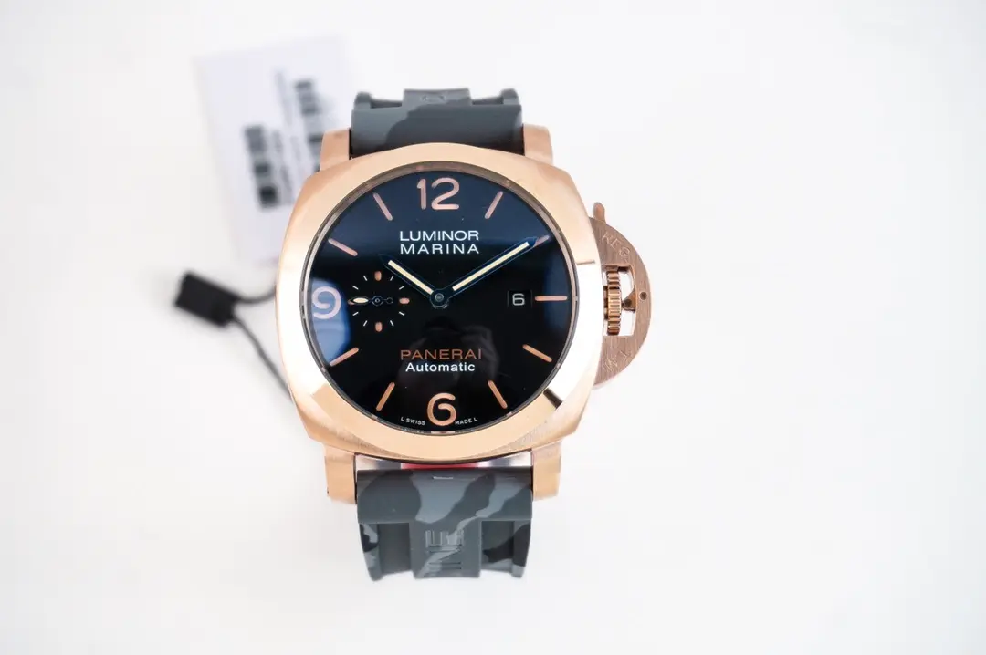 Classic Panerai Luminor Marina Automatic Rose Gold Case Black Dial Camouflage Rubber Strap Men’s Luxury Watch 787