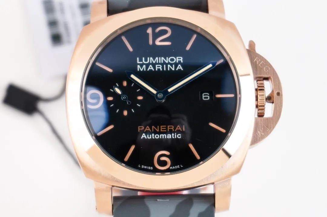Classic Panerai Luminor Marina Automatic Rose Gold Case Black Dial Camouflage Rubber Strap Men’s Luxury Watch 787