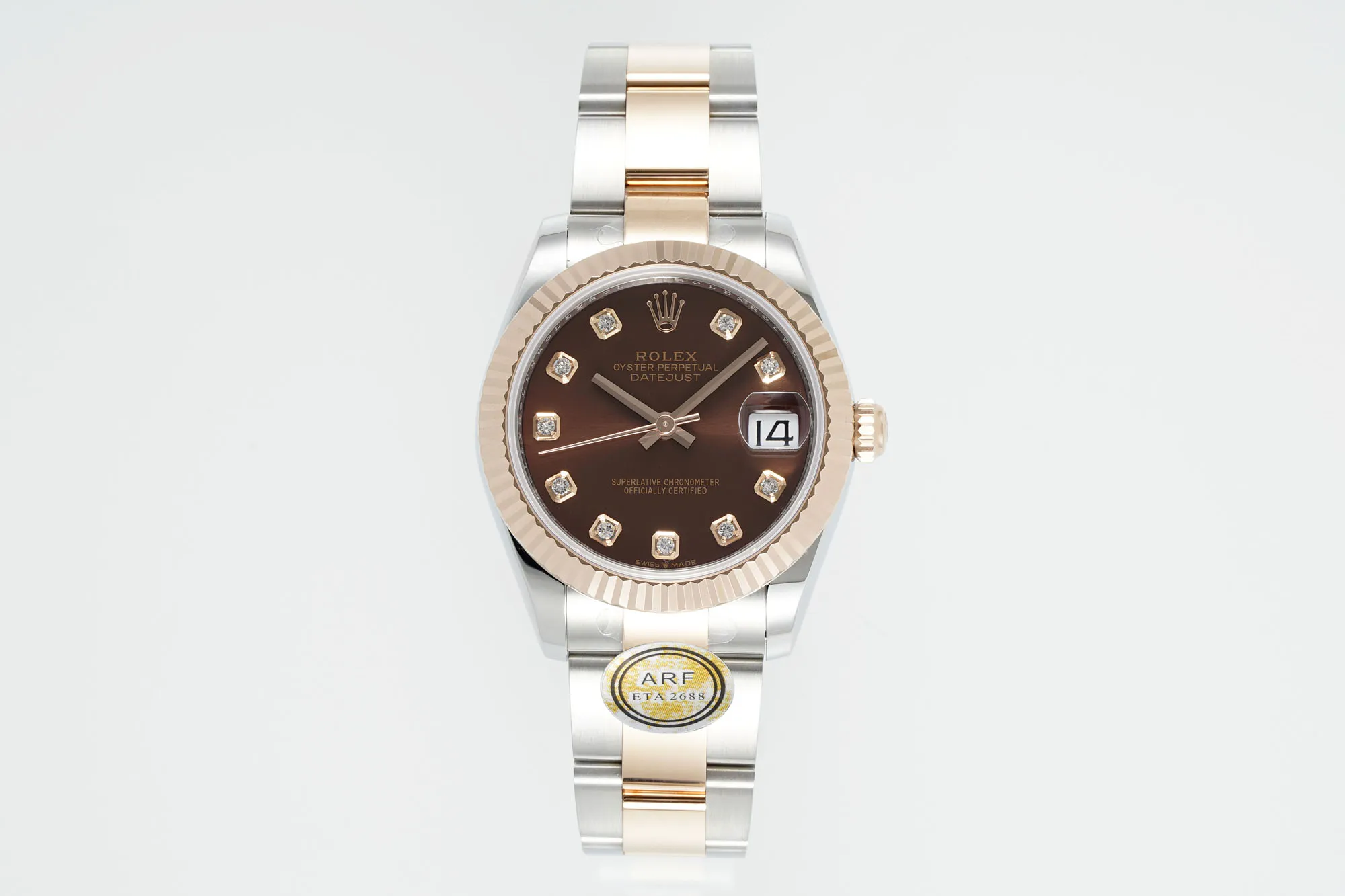 Unisex AR Factory Rolex Datejust 31mm Chocolate Dial Diamond Markers Two-Tone Stainless Steel and Yellow Gold Oyster Bracelet Ladies Watch 4931