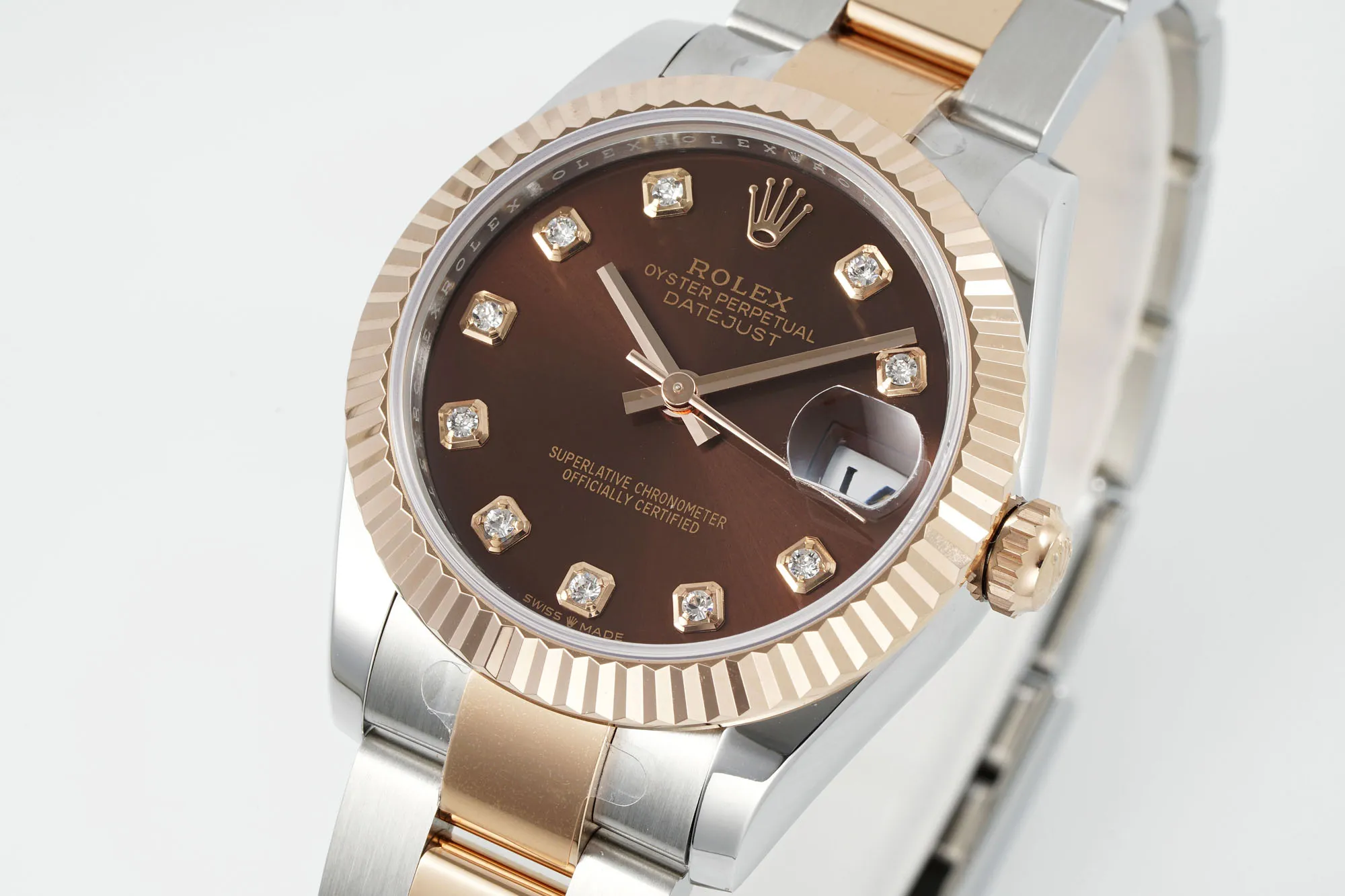Unisex AR Factory Rolex Datejust 31mm Chocolate Dial Diamond Markers Two-Tone Stainless Steel and Yellow Gold Oyster Bracelet Ladies Watch 4931