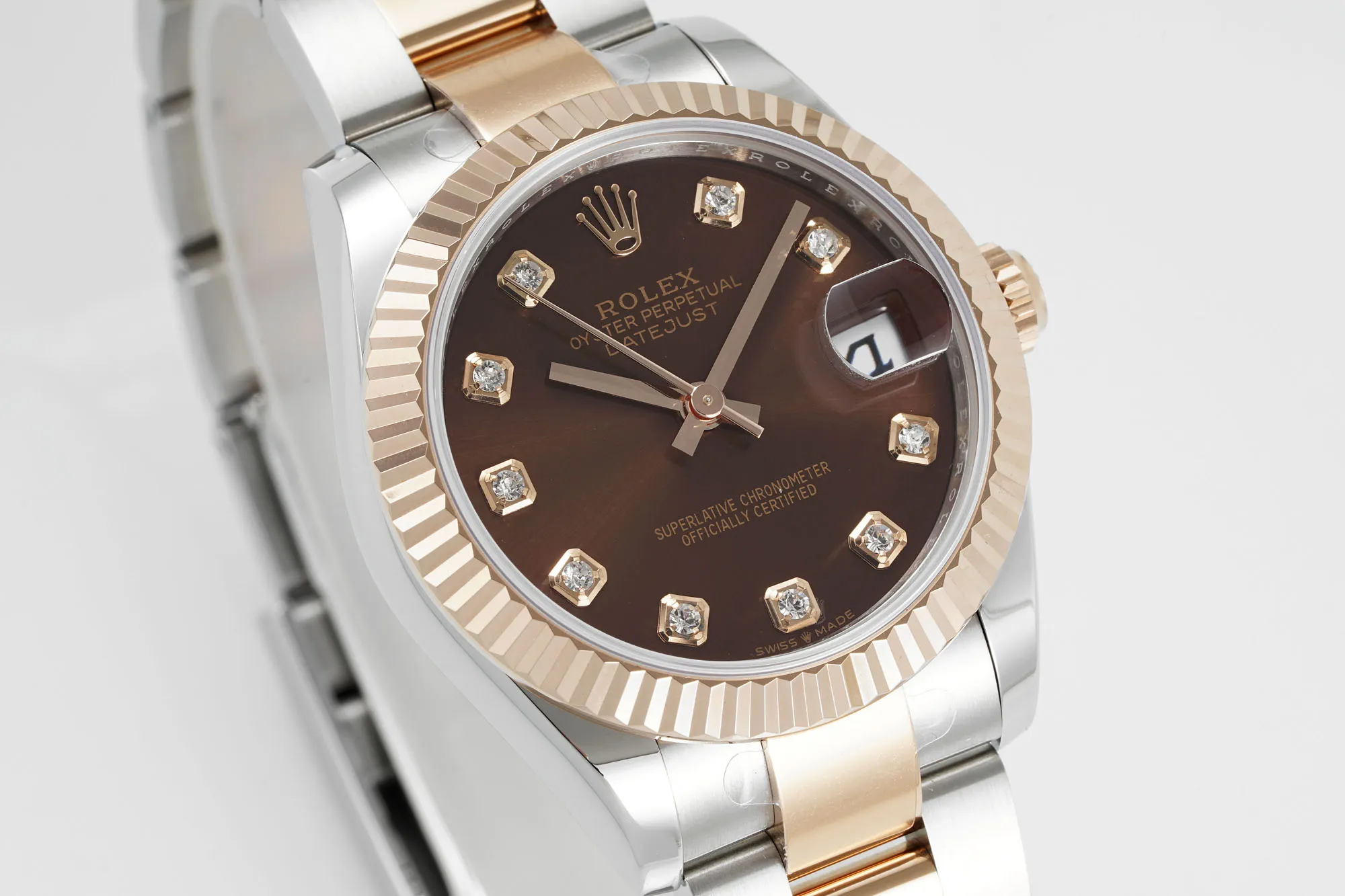 Unisex AR Factory Rolex Datejust 31mm Chocolate Dial Diamond Markers Two-Tone Stainless Steel and Yellow Gold Oyster Bracelet Ladies Watch 4931