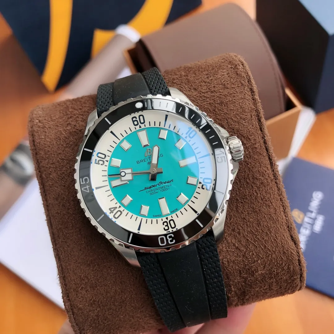 BLS Factory Breitling Superocean Automatic Turquoise Dial Black Bezel Rubber Strap Men’s Diver Watch WaterResistant 2647