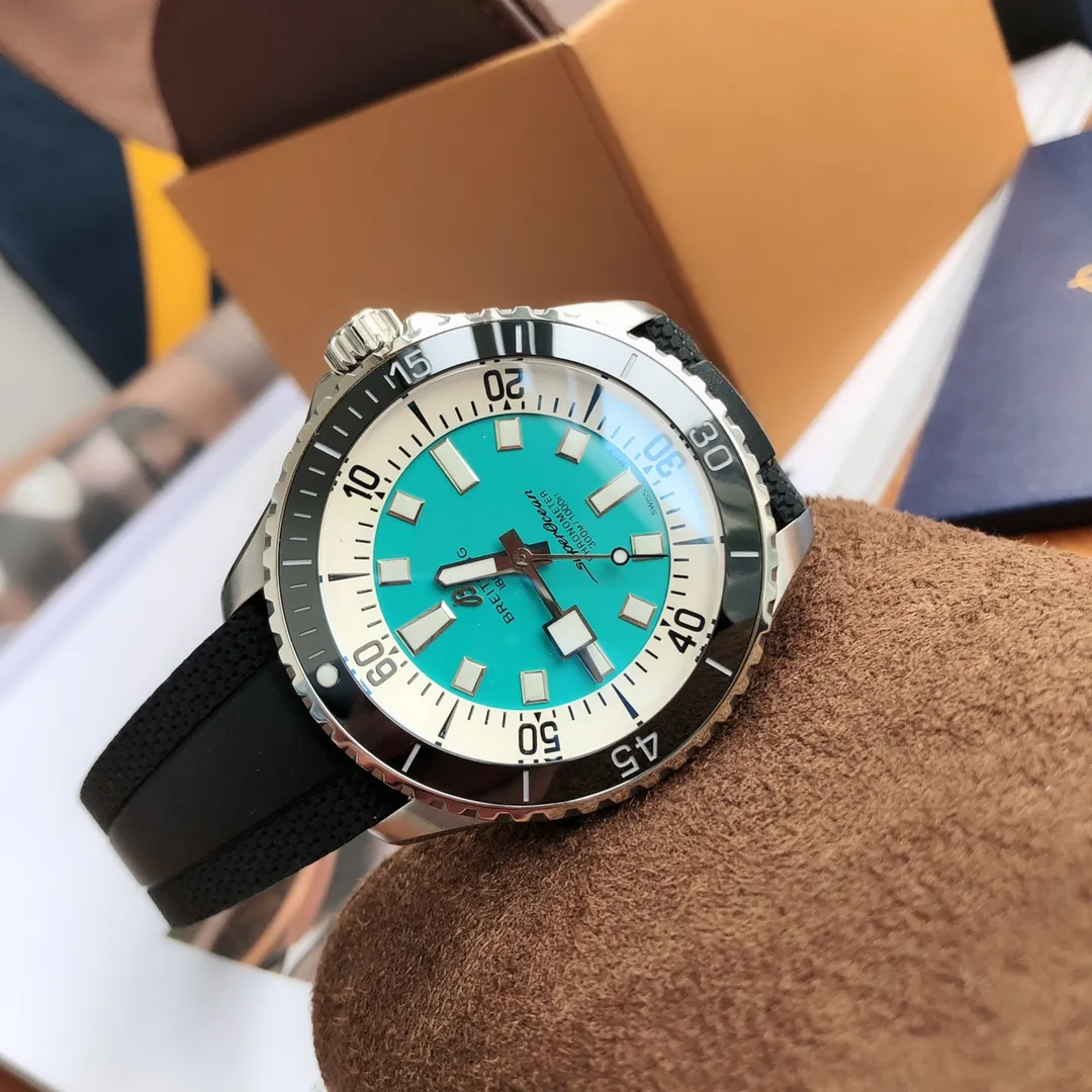 BLS Factory Breitling Superocean Automatic Turquoise Dial Black Bezel Rubber Strap Men’s Diver Watch WaterResistant 2647