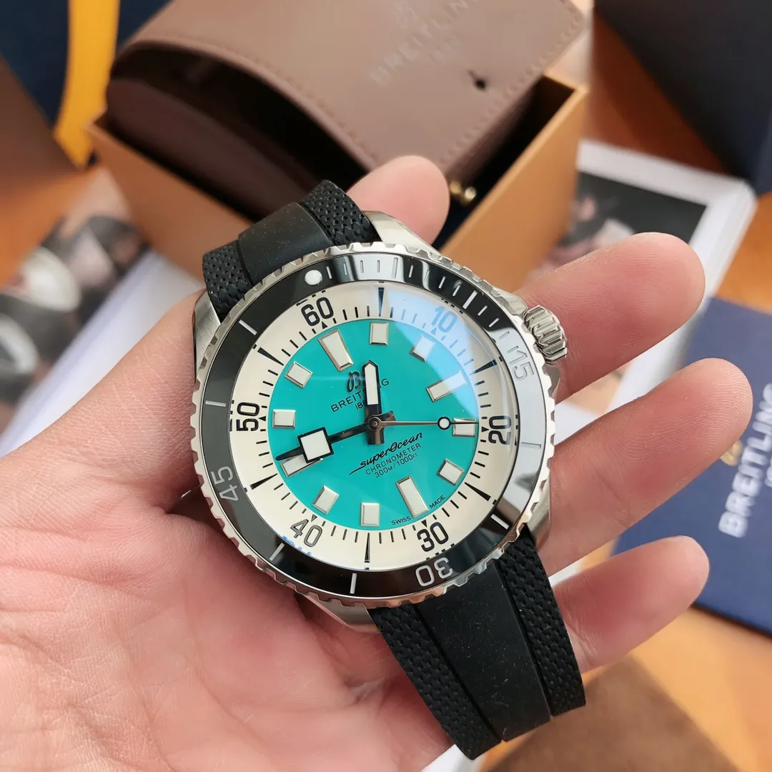 BLS Factory Breitling Superocean Automatic Turquoise Dial Black Bezel Rubber Strap Men’s Diver Watch WaterResistant 2647