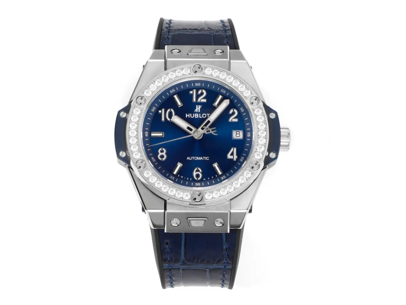 Comfortable JB Factory HUBLOT Big Bang One-Click 39mm Stainless Steel White Diamond-Set Watch with Blue Leather Strap – Super Clone Edition 6001