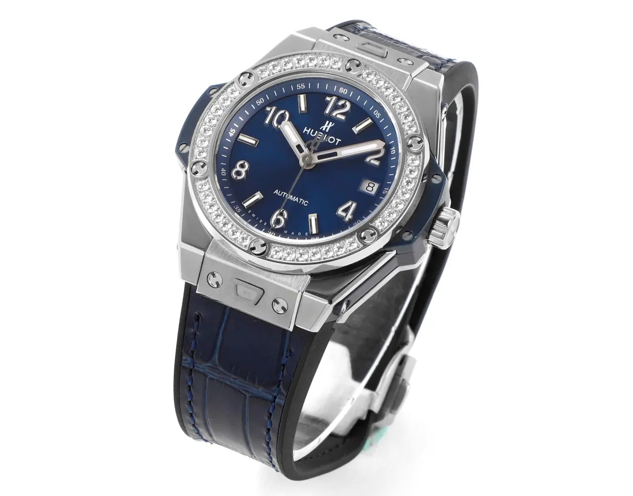 ZF Factory HUBLOT Big Bang One-Click 39mm Stainless Steel White Diamond-Set Watch with Blue Leather Strap – Super Clone Edition HighPerformance 8591