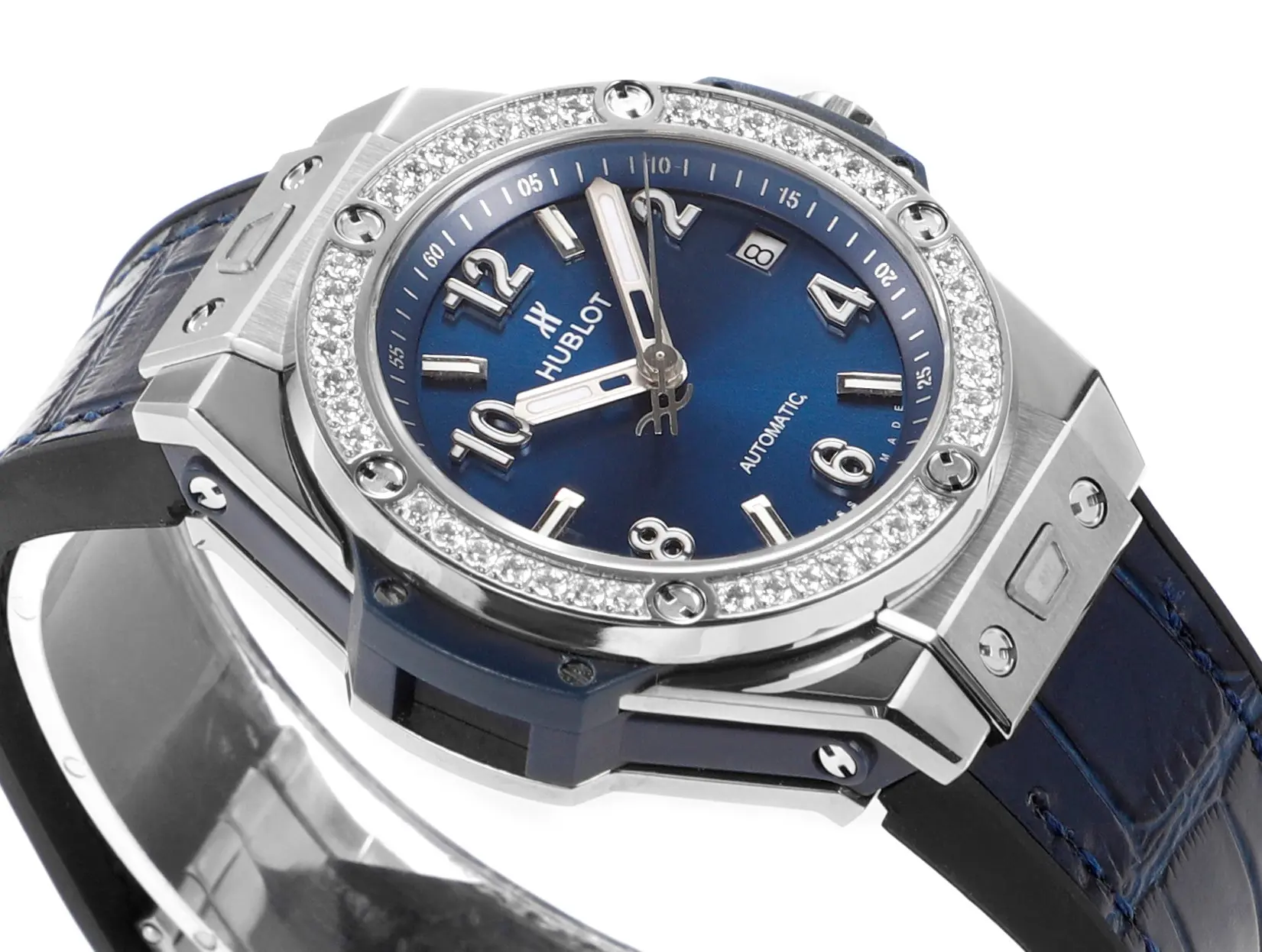 ZF Factory HUBLOT Big Bang One-Click 39mm Stainless Steel White Diamond-Set Watch with Blue Leather Strap – Super Clone Edition HighPerformance 8591