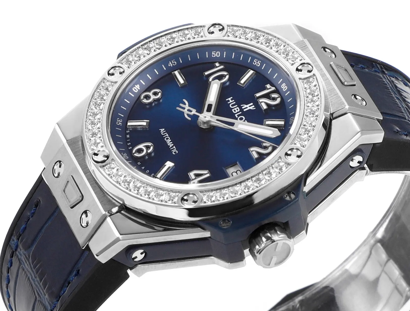 ZF Factory HUBLOT Big Bang One-Click 39mm Stainless Steel White Diamond-Set Watch with Blue Leather Strap – Super Clone Edition HighPerformance 8591