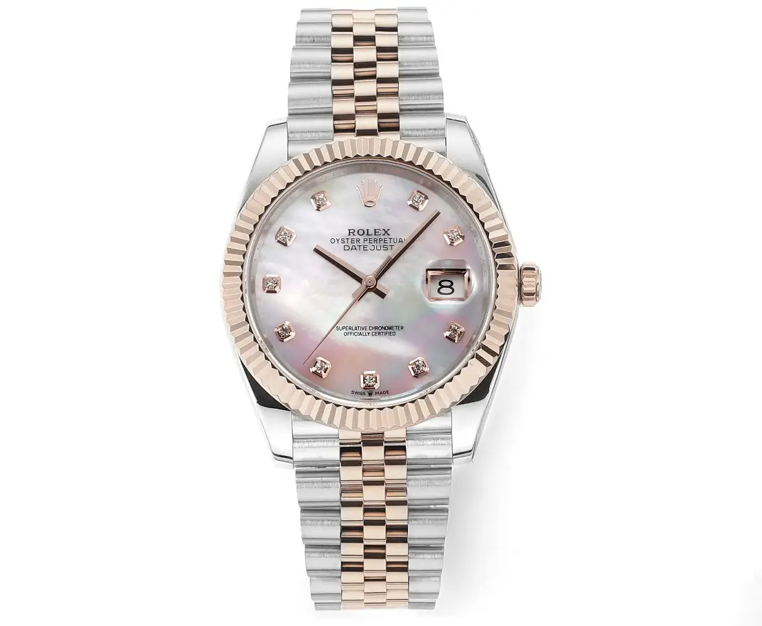 Comfortable Rolex Datejust 41mm Watch – Two-Tone Stainless Steel and Rose Gold with Pink Dial, Diamond Markers, and Super Clone Quality 152