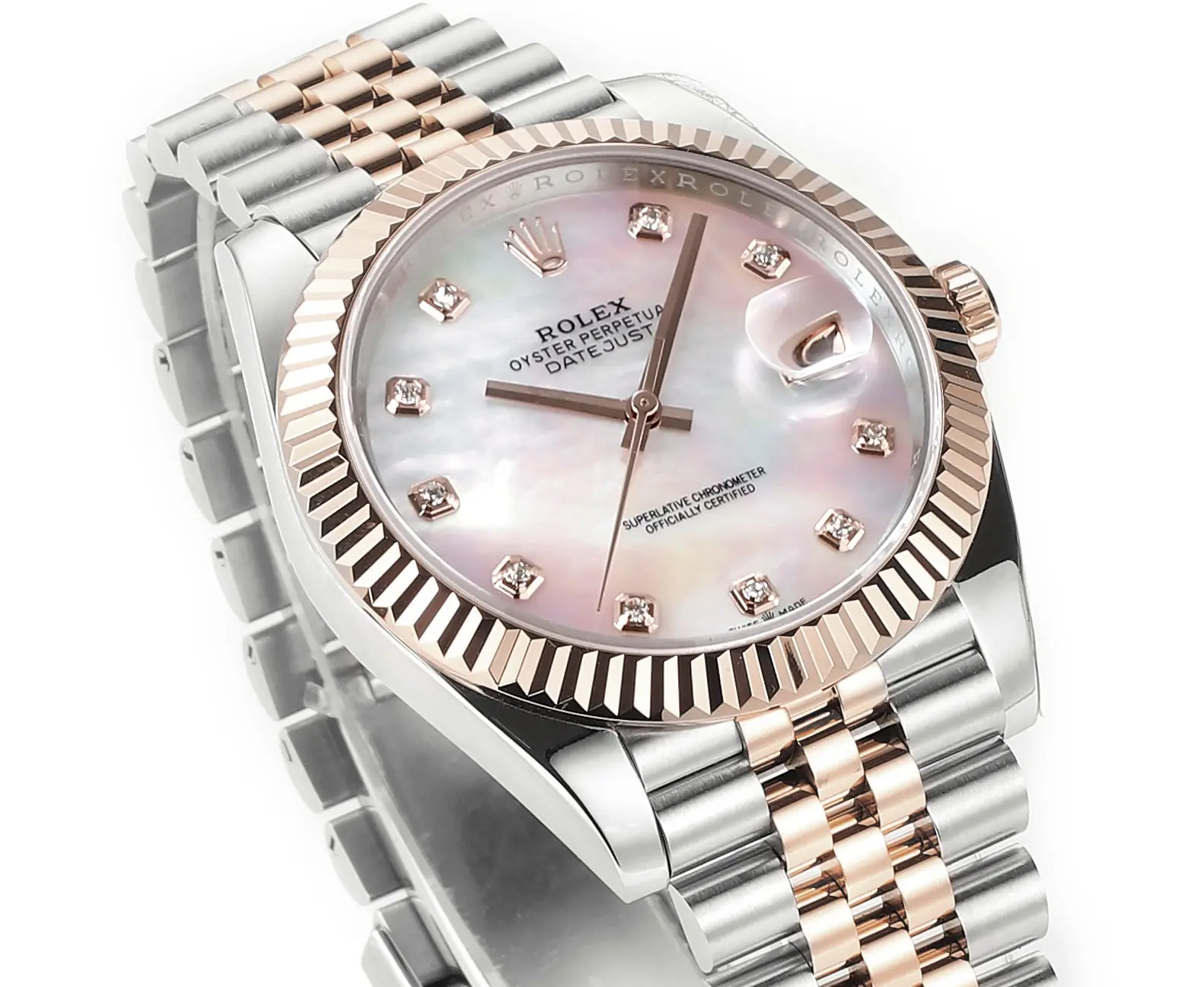 Comfortable Rolex Datejust 41mm Watch – Two-Tone Stainless Steel and Rose Gold with Pink Dial, Diamond Markers, and Super Clone Quality 152