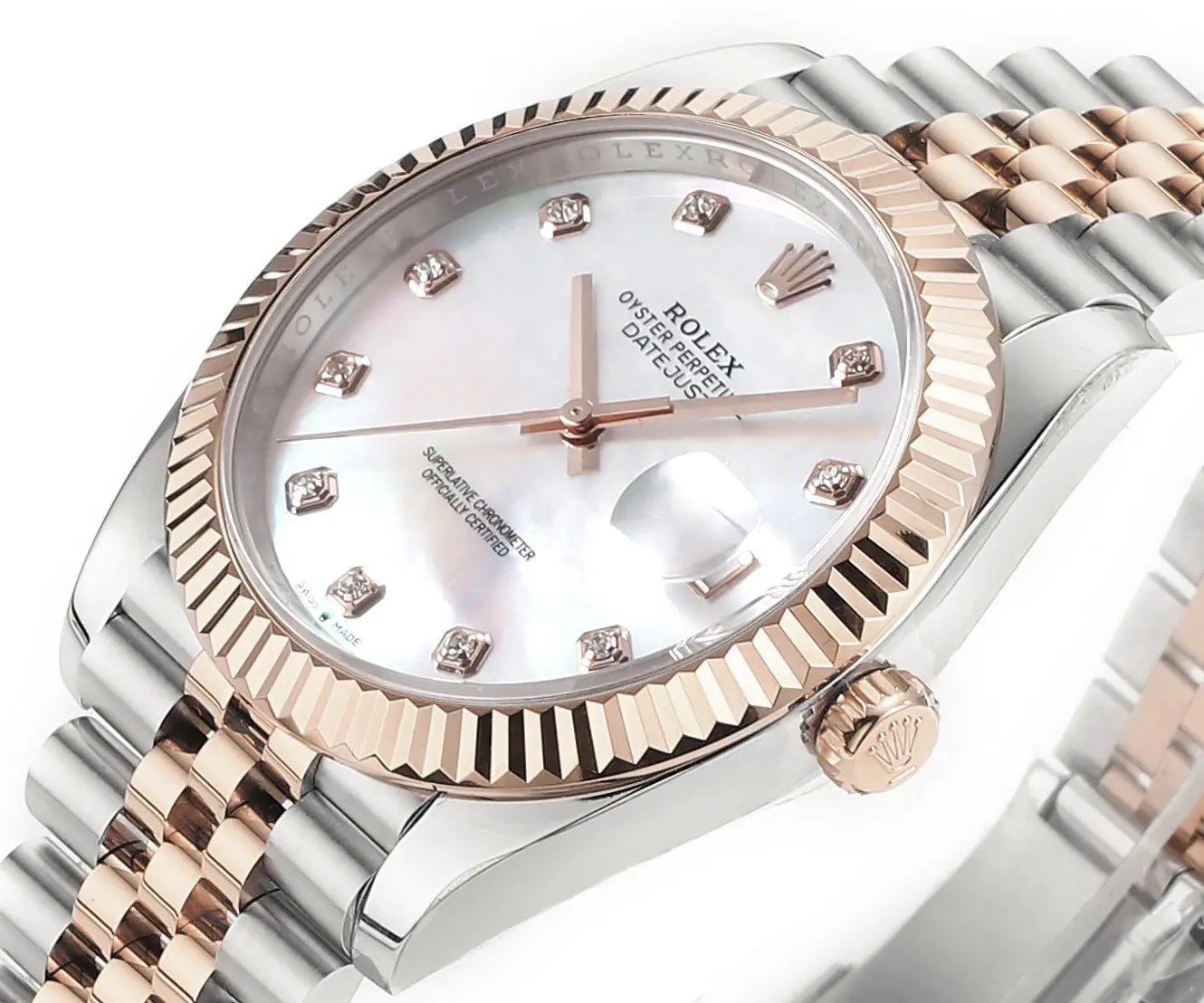 Comfortable Rolex Datejust 41mm Watch – Two-Tone Stainless Steel and Rose Gold with Pink Dial, Diamond Markers, and Super Clone Quality 152