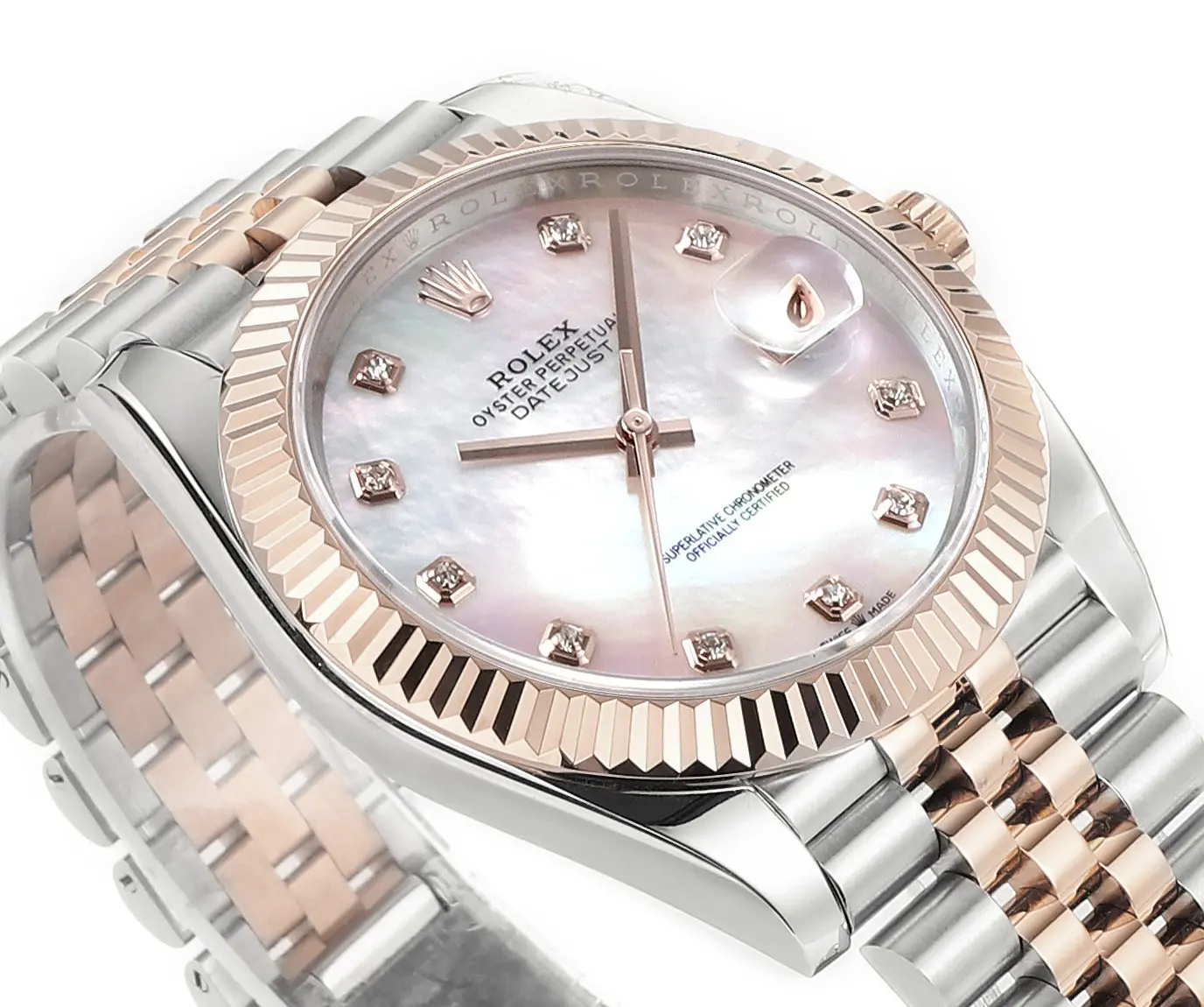 Comfortable Rolex Datejust 41mm Watch – Two-Tone Stainless Steel and Rose Gold with Pink Dial, Diamond Markers, and Super Clone Quality 152