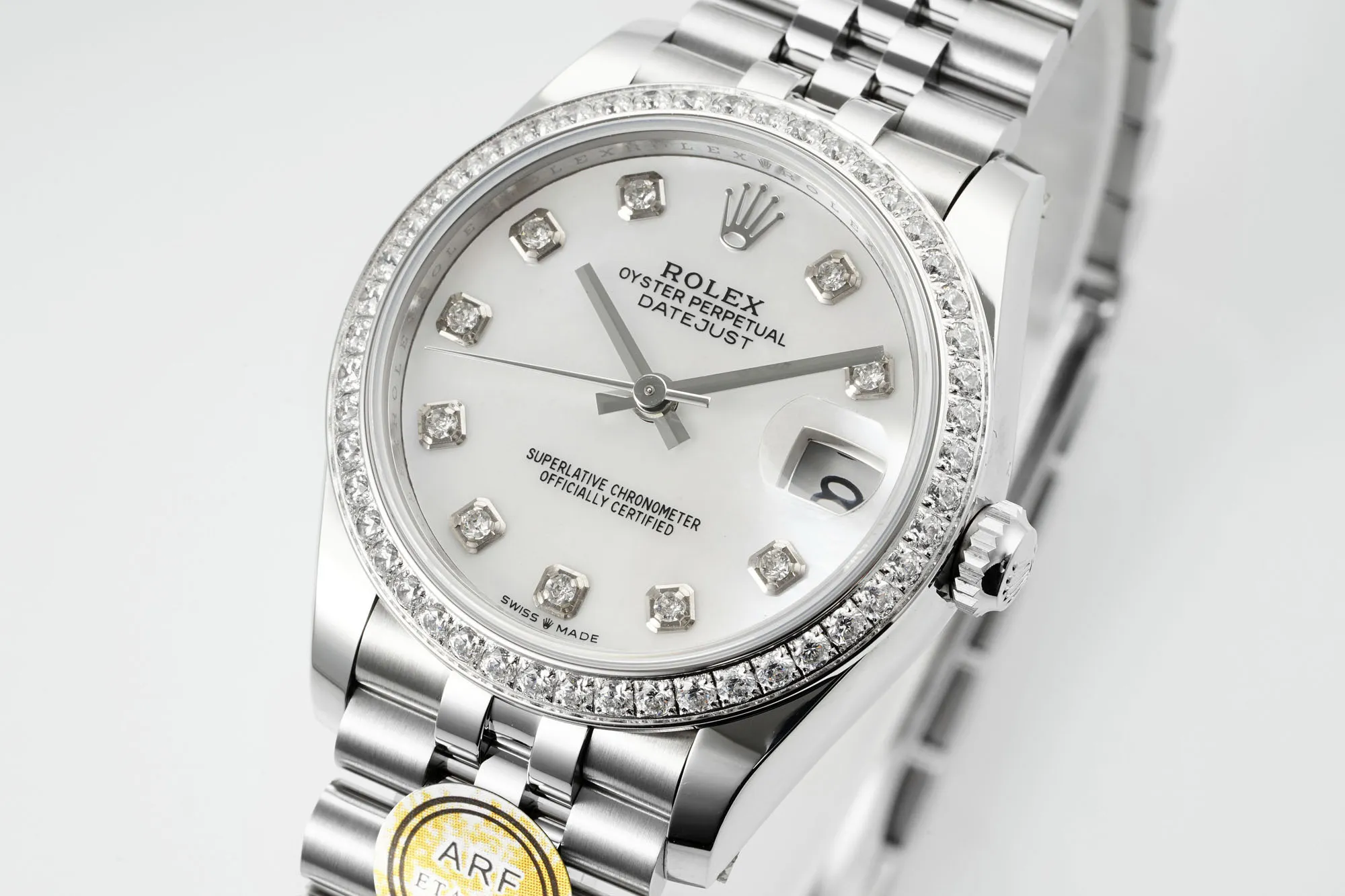 SportInspired AR Factory Rolex Datejust 31mm White Mother-of-Pearl Dial Diamond Bezel Stainless Steel Jubilee Bracelet Women’s Luxury Watch 4899