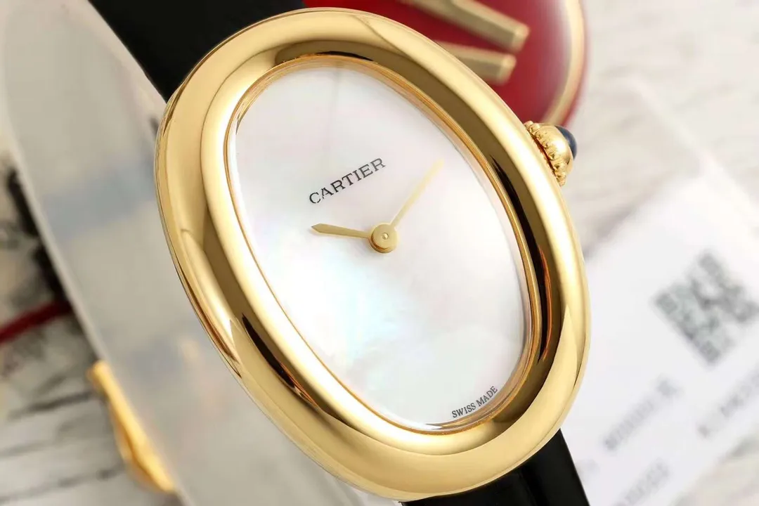 HighQuality Cartier Baignoire Oval Yellow Gold Case Mother-of-Pearl Dial Black Leather Strap Swiss Made Women’s Luxury Watch 2846