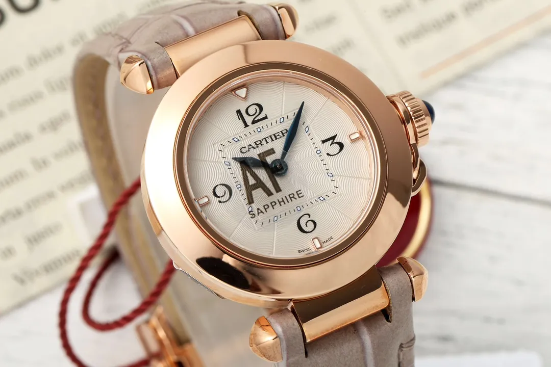 SportInspired Cartier Pasha de Cartier Women’s Rose Gold Automatic Watch with Gray Alligator Leather Strap and White Dial 2812