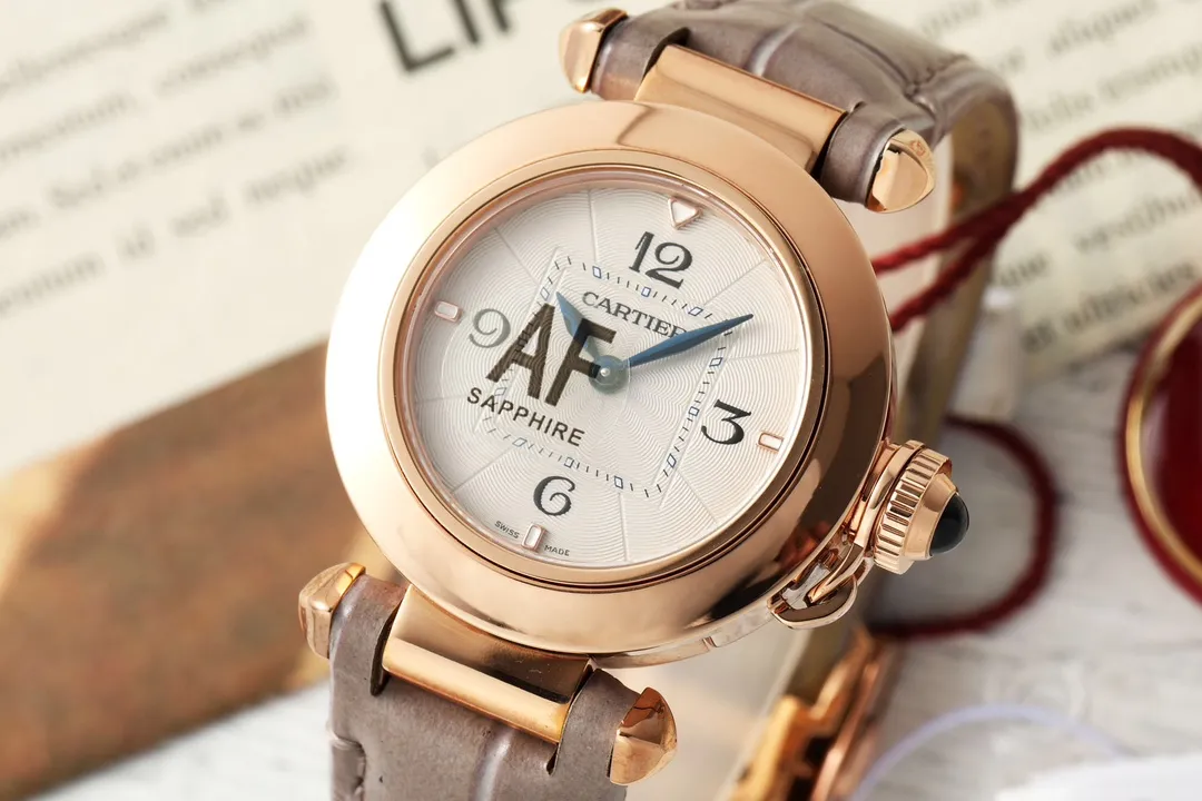 SportInspired Cartier Pasha de Cartier Women’s Rose Gold Automatic Watch with Gray Alligator Leather Strap and White Dial 2812