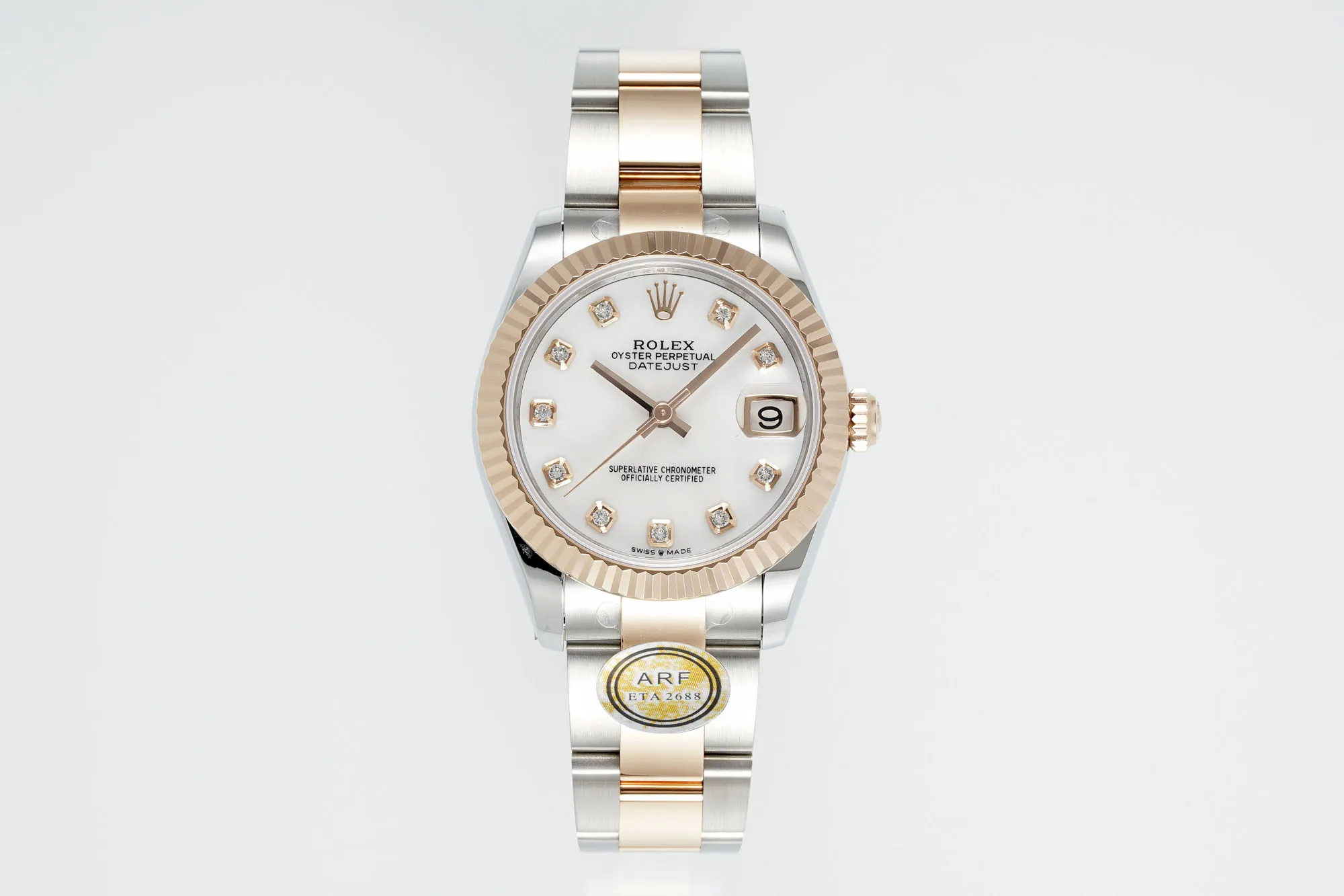 FlexibleFit AR Factory Rolex Lady-Datejust 28mm White Mother-of-Pearl Dial Diamond Bezel Two-Tone Stainless Steel and Yellow Gold Jubilee Bracelet Women’s Watch 4929