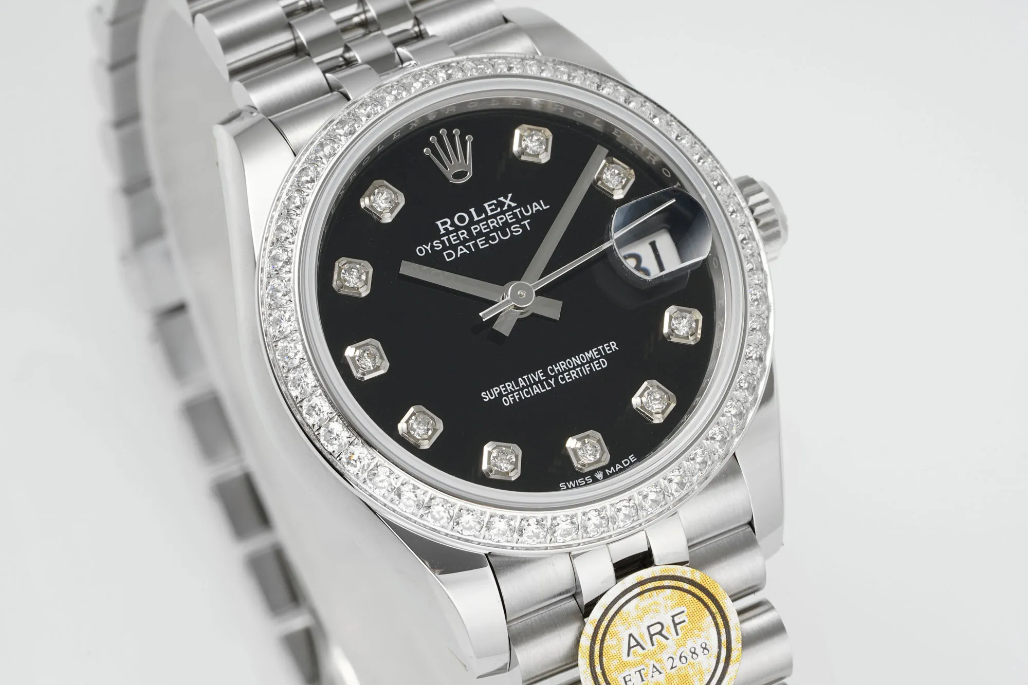 EyeCatching AR Factory Rolex Datejust 31mm Black Diamond Dial with Diamond Bezel Stainless Steel Jubilee Bracelet Women’s Luxury Watch 147