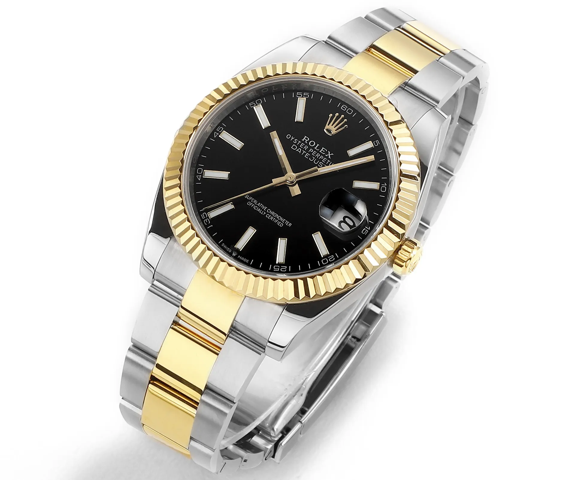 DailyWear AR Factory Rolex Datejust 41mm Two-Tone Yellow Gold and Stainless Steel Black Dial Fluted Bezel Automatic Men’s Watch 211